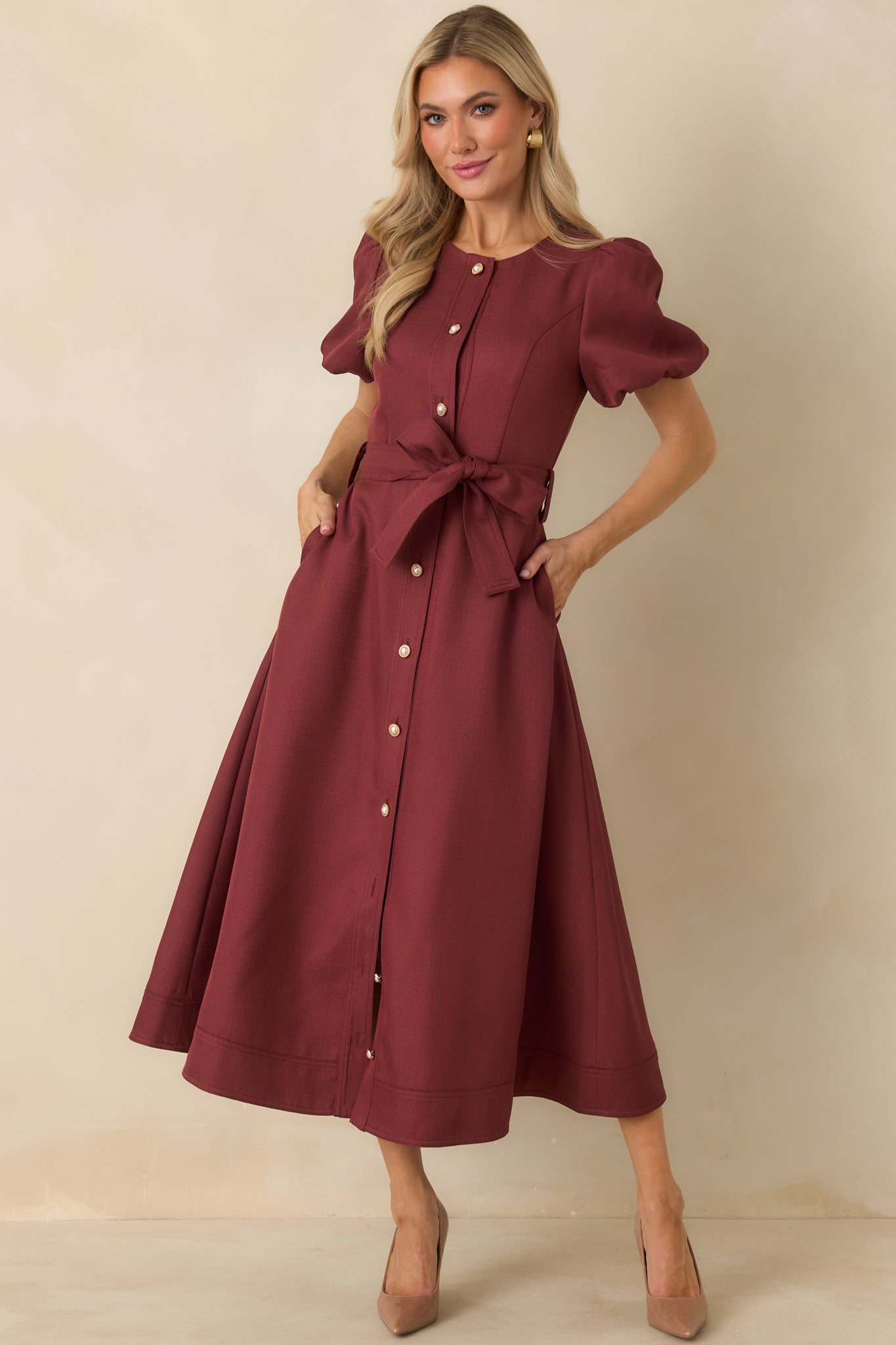 burgundy dress gold buttons Britt Puff Sleeve Button Front Midi Crafted in our premium