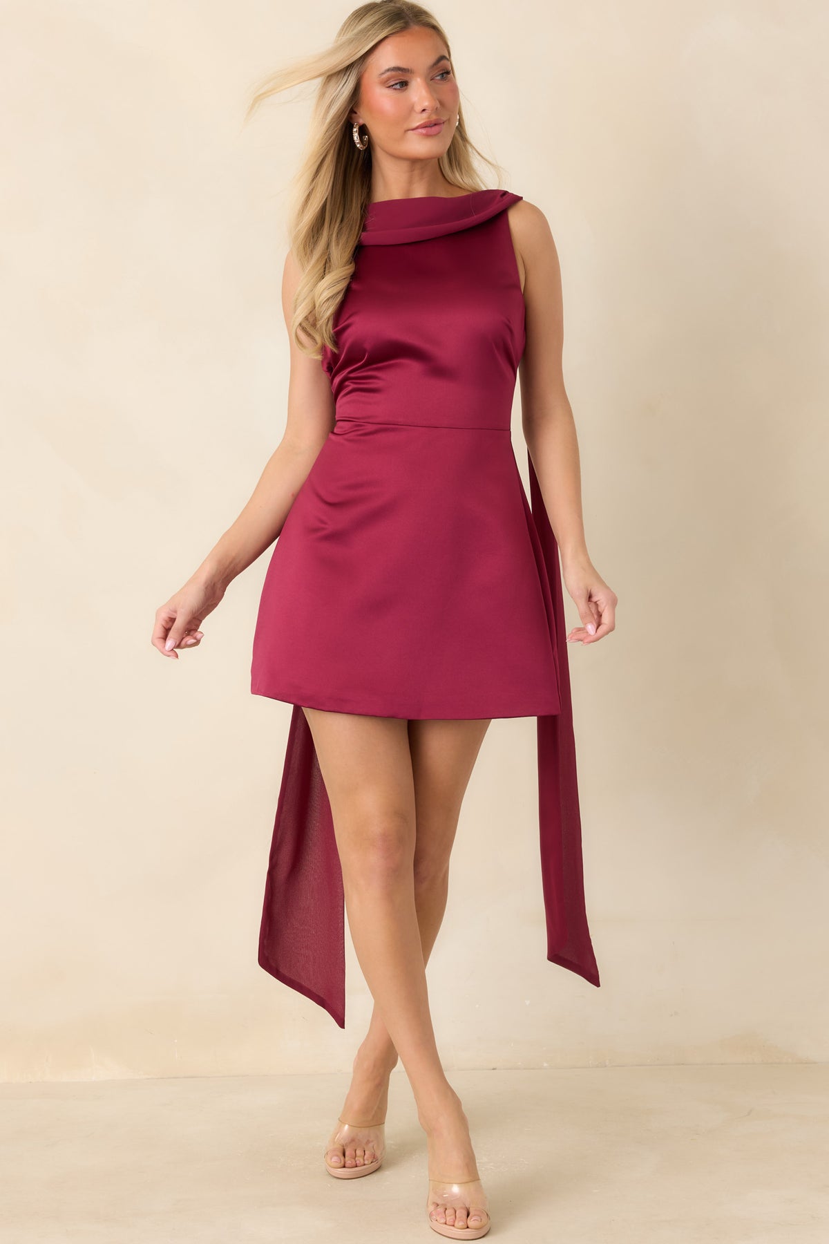 Burgundy-Satin-Mini-Dress-Fitted-Bodice-Detail