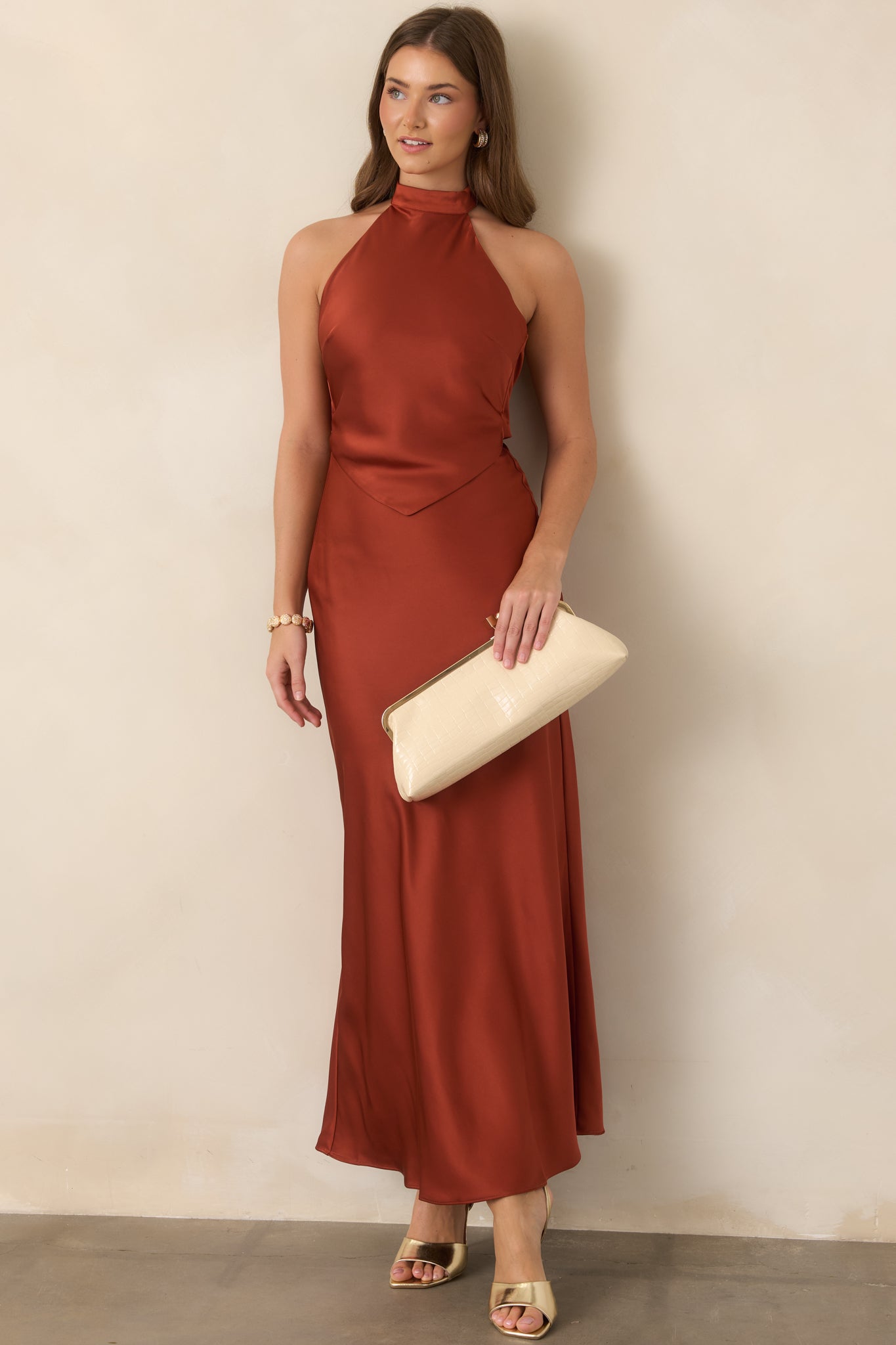 red silk halter dress ASTR the Label Viridiana Sienna Satin Maxi Dress to Impress: Elevate 2026G results in the item Trouser Inseam:W24 L28
