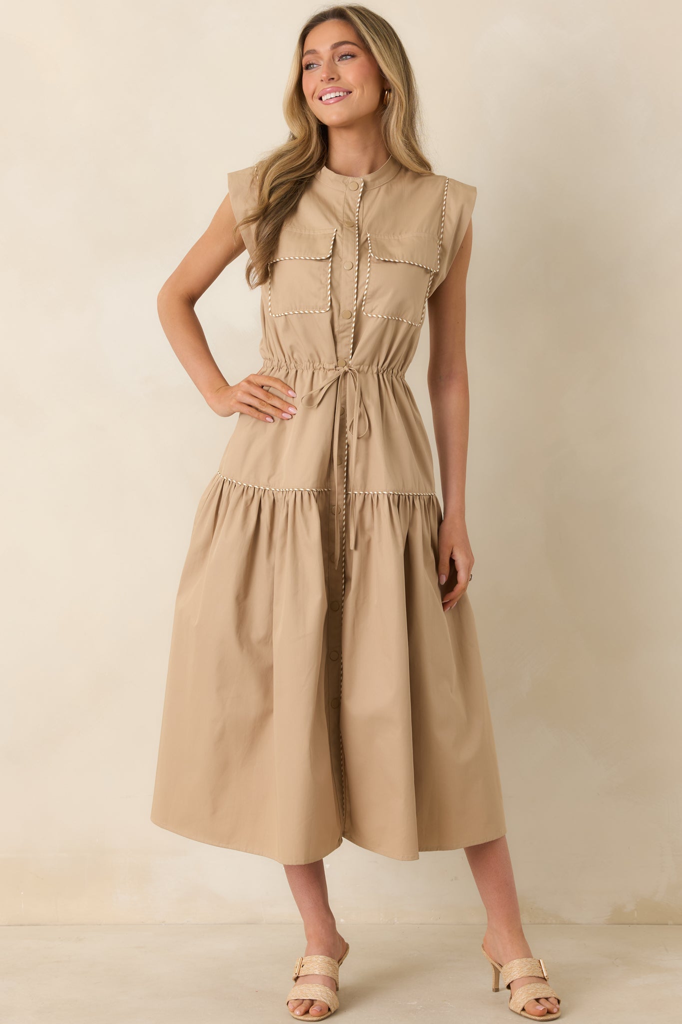 Button-front midi dress with gathered skirt, chest pockets, and subtle contrast detailing
