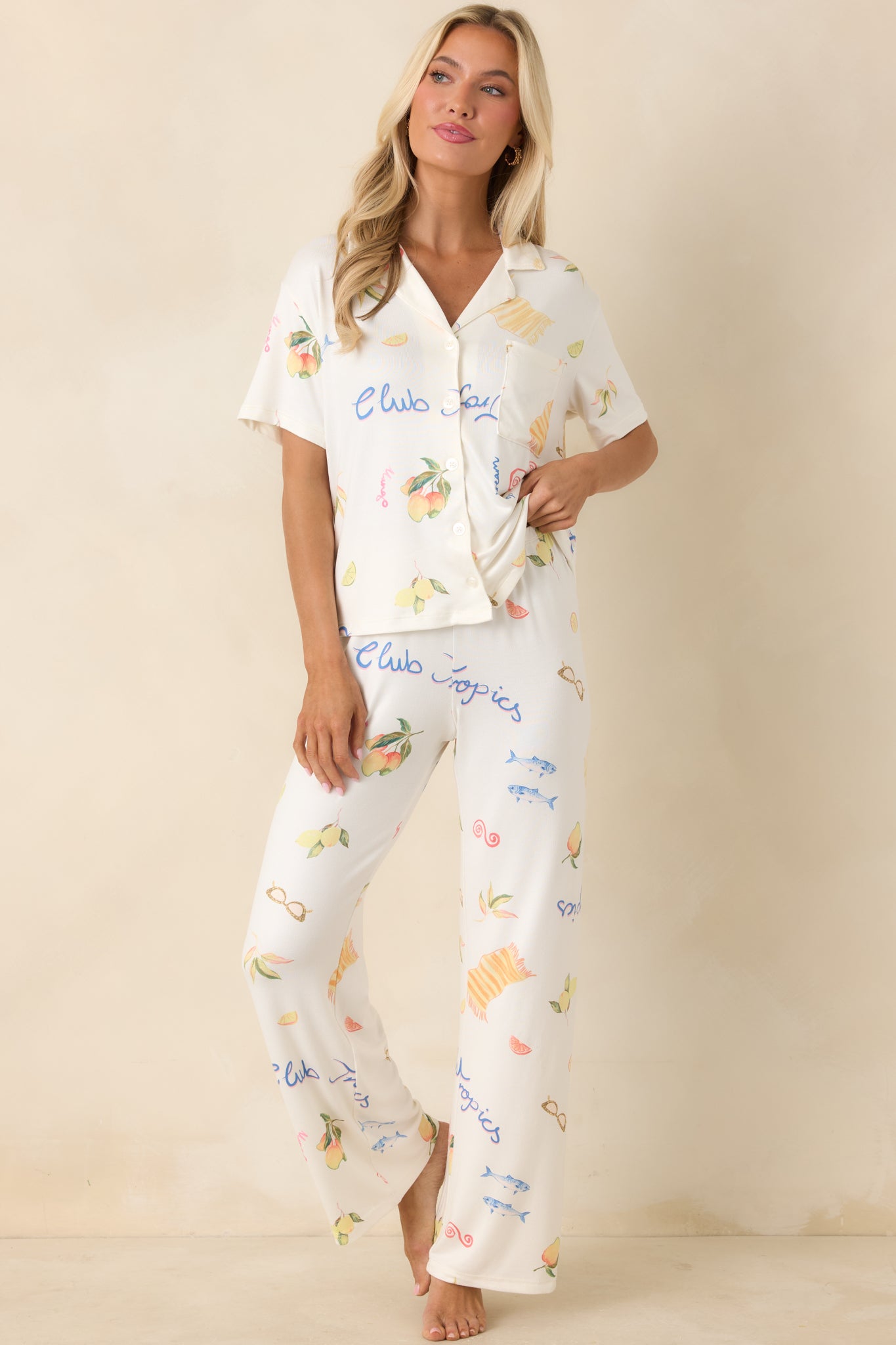 Silky button-up pajama shirt featuring citrus and beach icon print with classic collar and easy silhouette