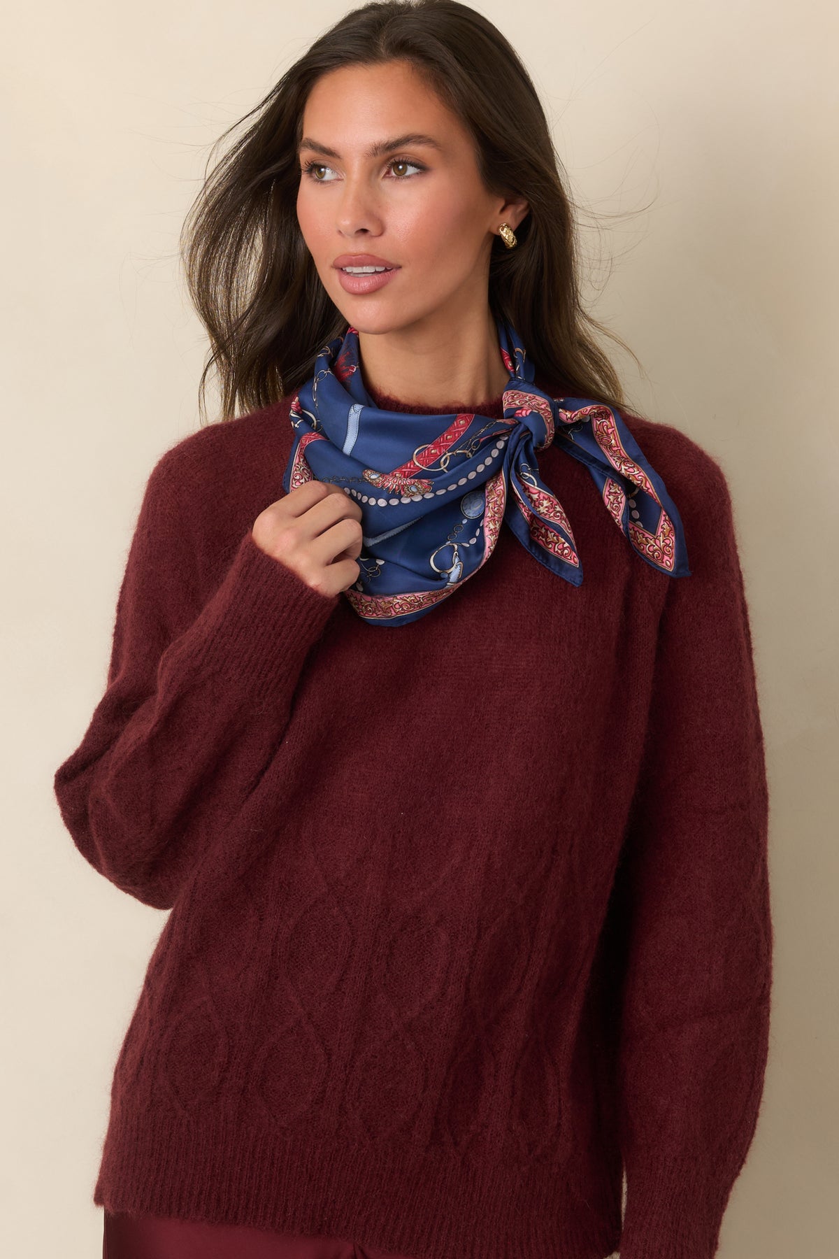 Knit top featuring intricate cable detailing across the lower front and a softly fuzzy finish.