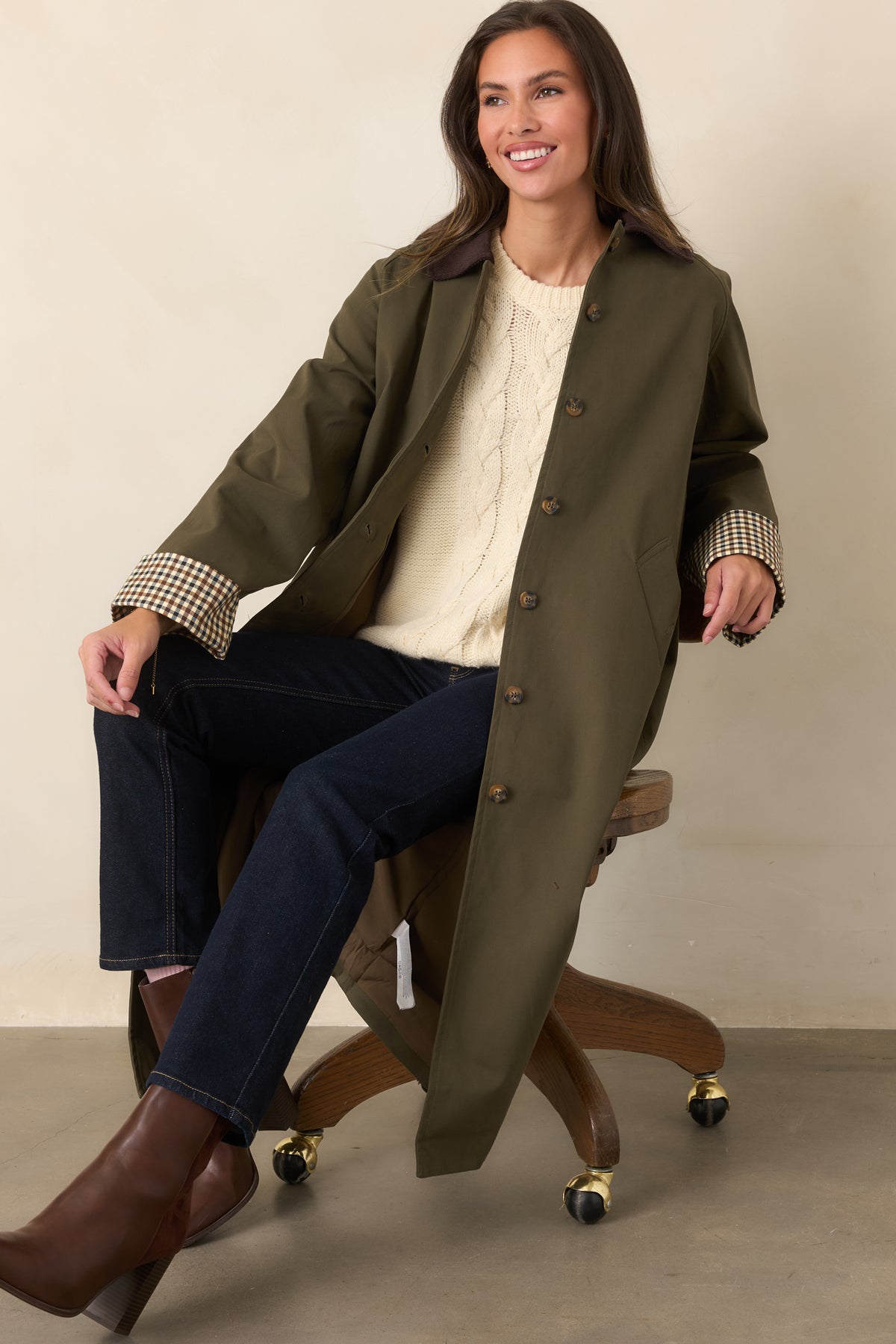 Canvas-feel coat with checked contrast cuffs, a chocolate corduroy collar, and coordinating waist tie.