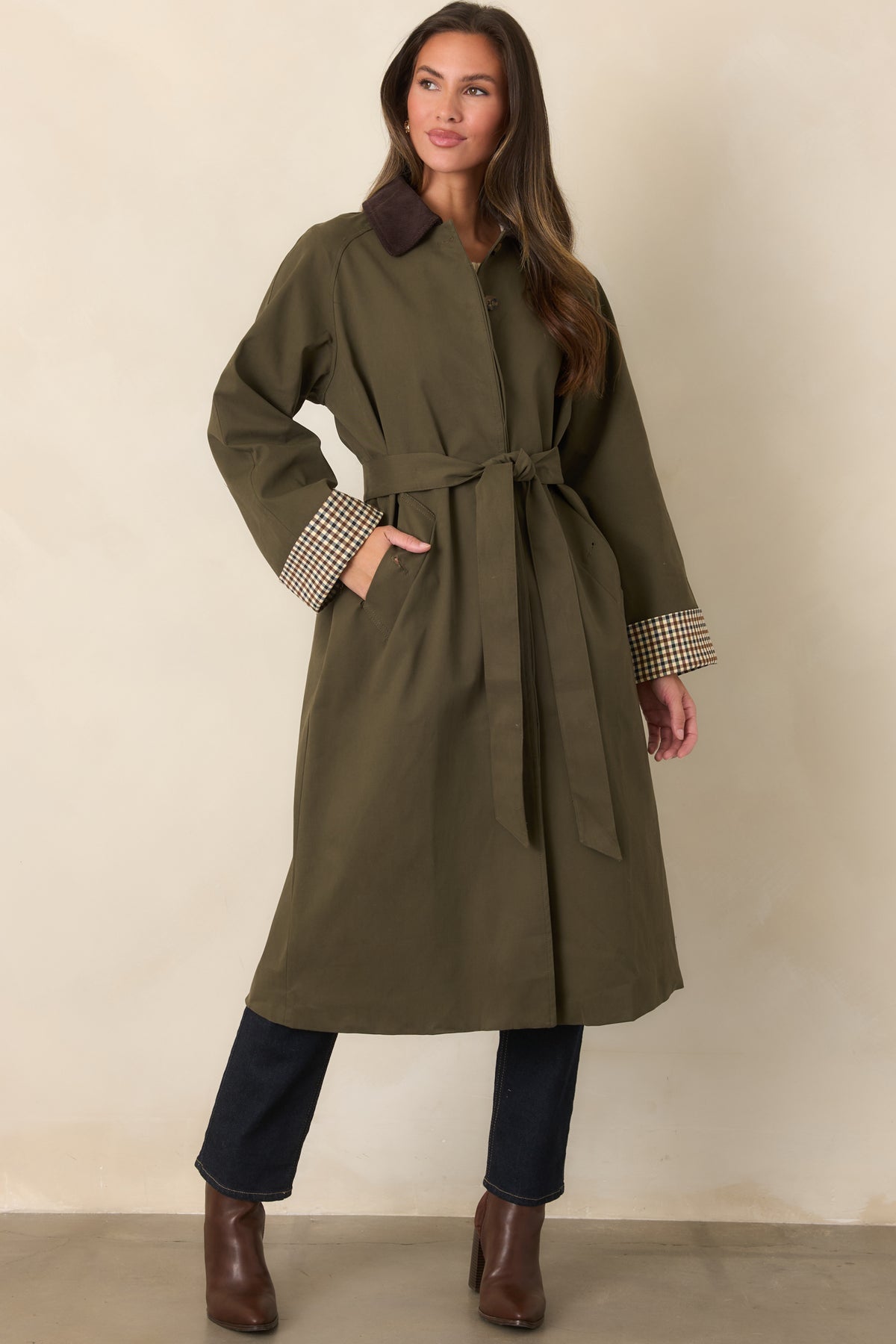 Canvas-feel coat showcasing the textured chocolate brown corduroy collar and button-front closure.