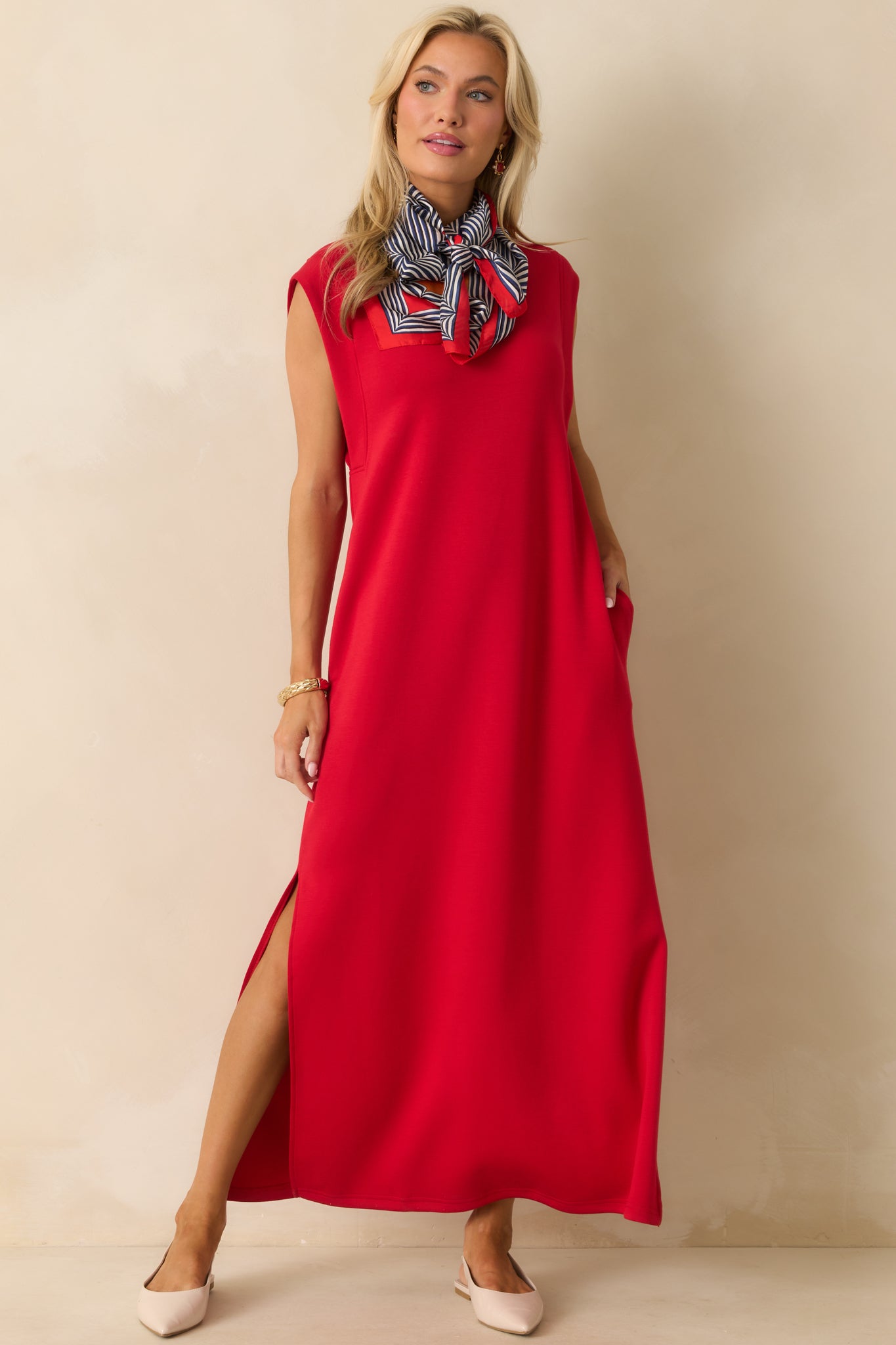 Casual red maxi dress with short sleeves and comfortable, easy fit.
