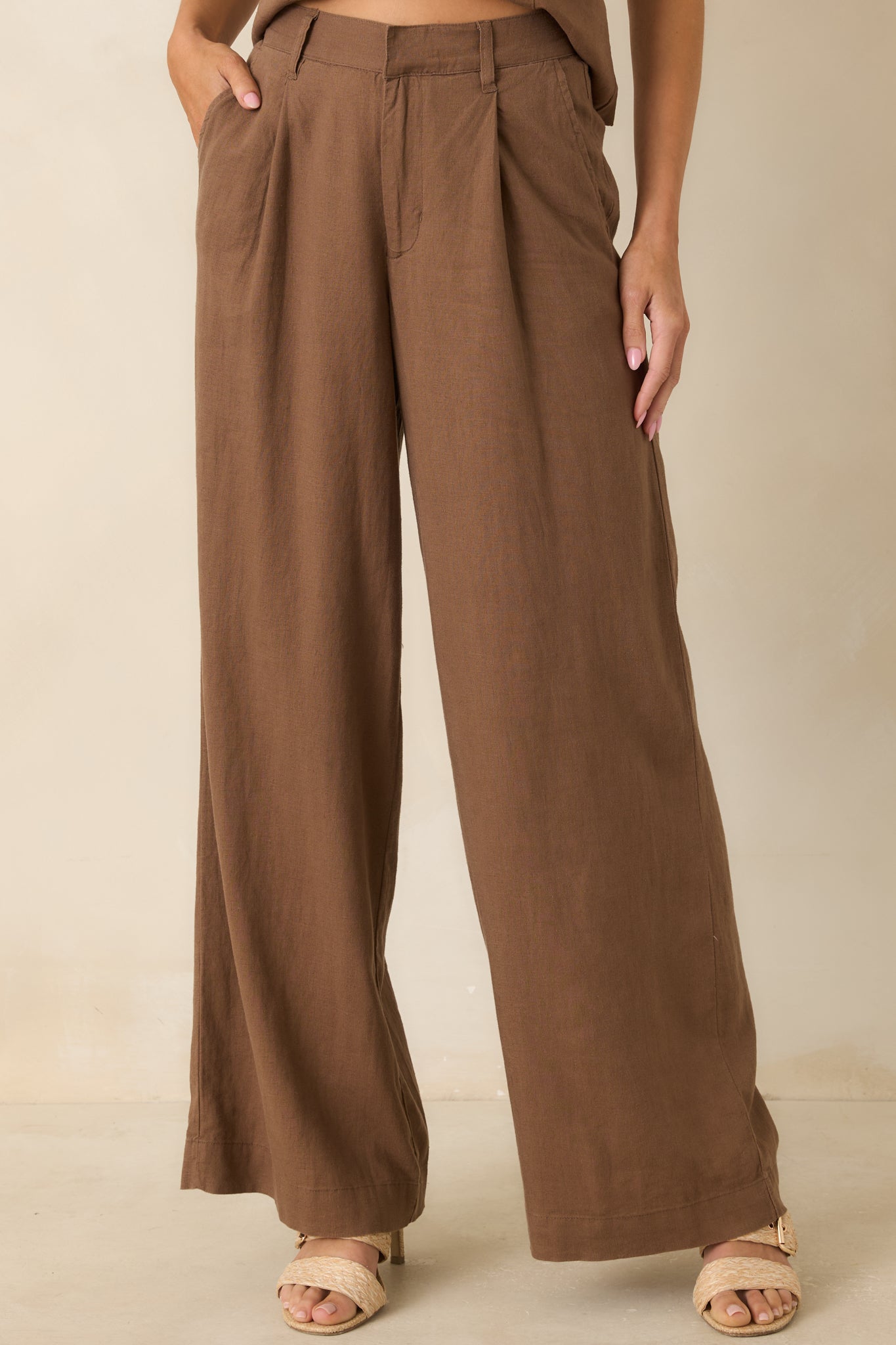 Chestnut brown pants highlighting the high-rise waistband, zip fly with button closure, and tailored front details.