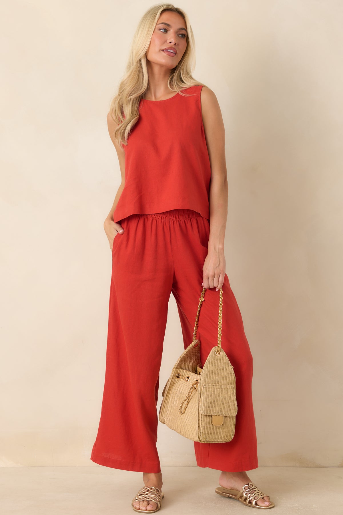Chili pepper red pants featuring a relaxed silhouette and vibrant color for effortless everyday style.