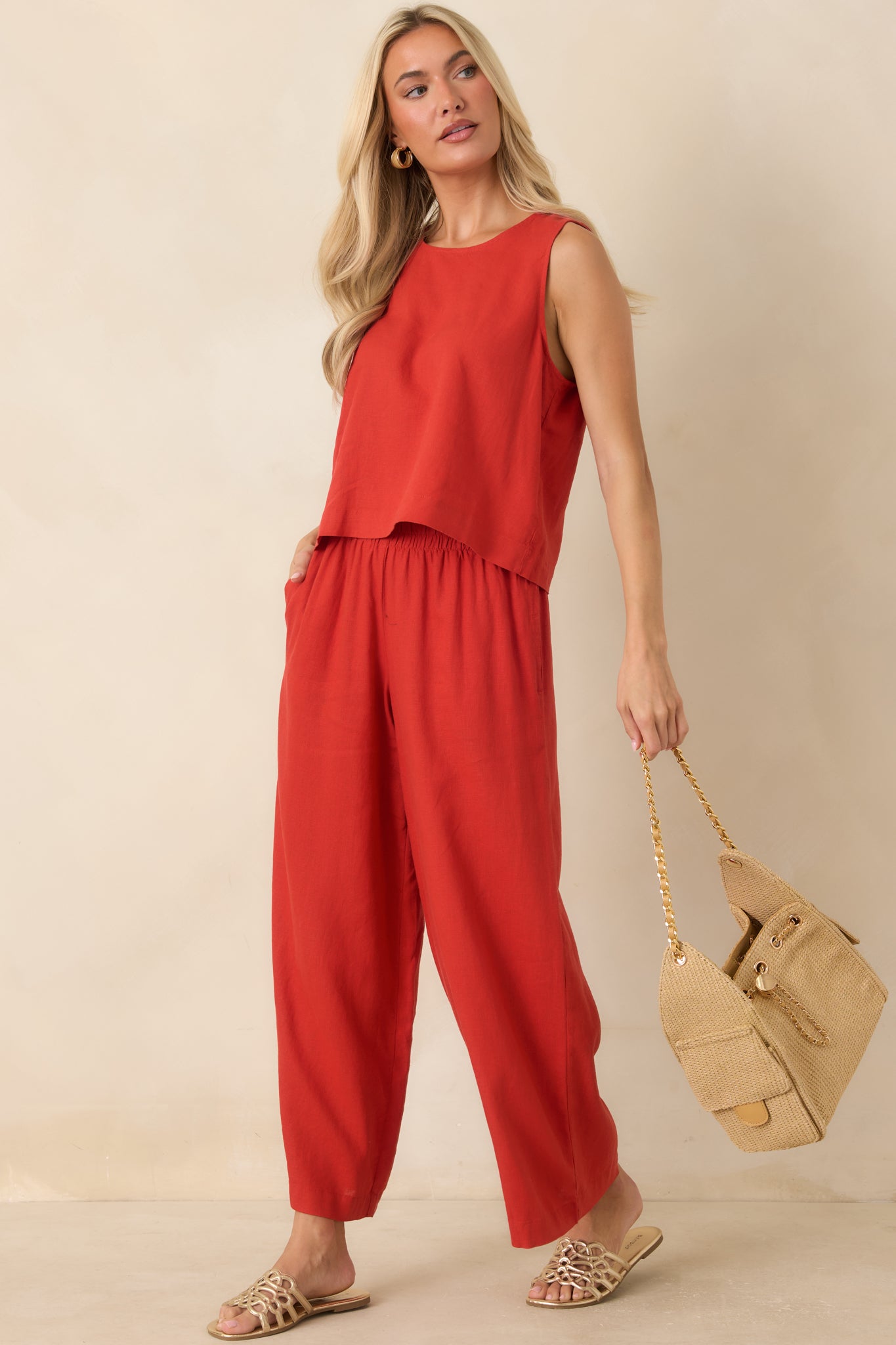 Bright red pants designed with an easygoing fit and polished look for versatile styling.
