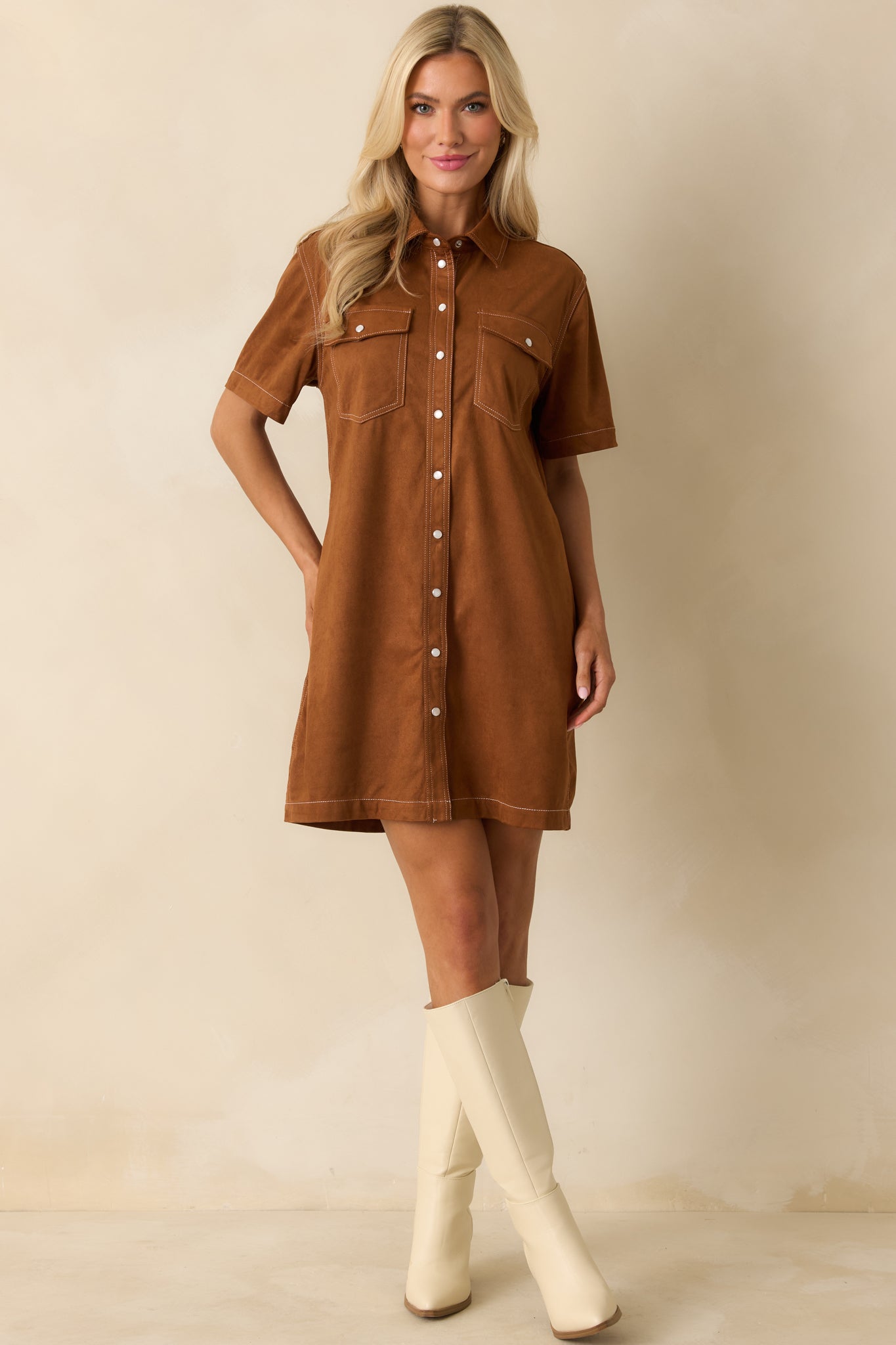 Cinnamon brown dress highlighting collared neckline, pocket details, and tailored straight hem.