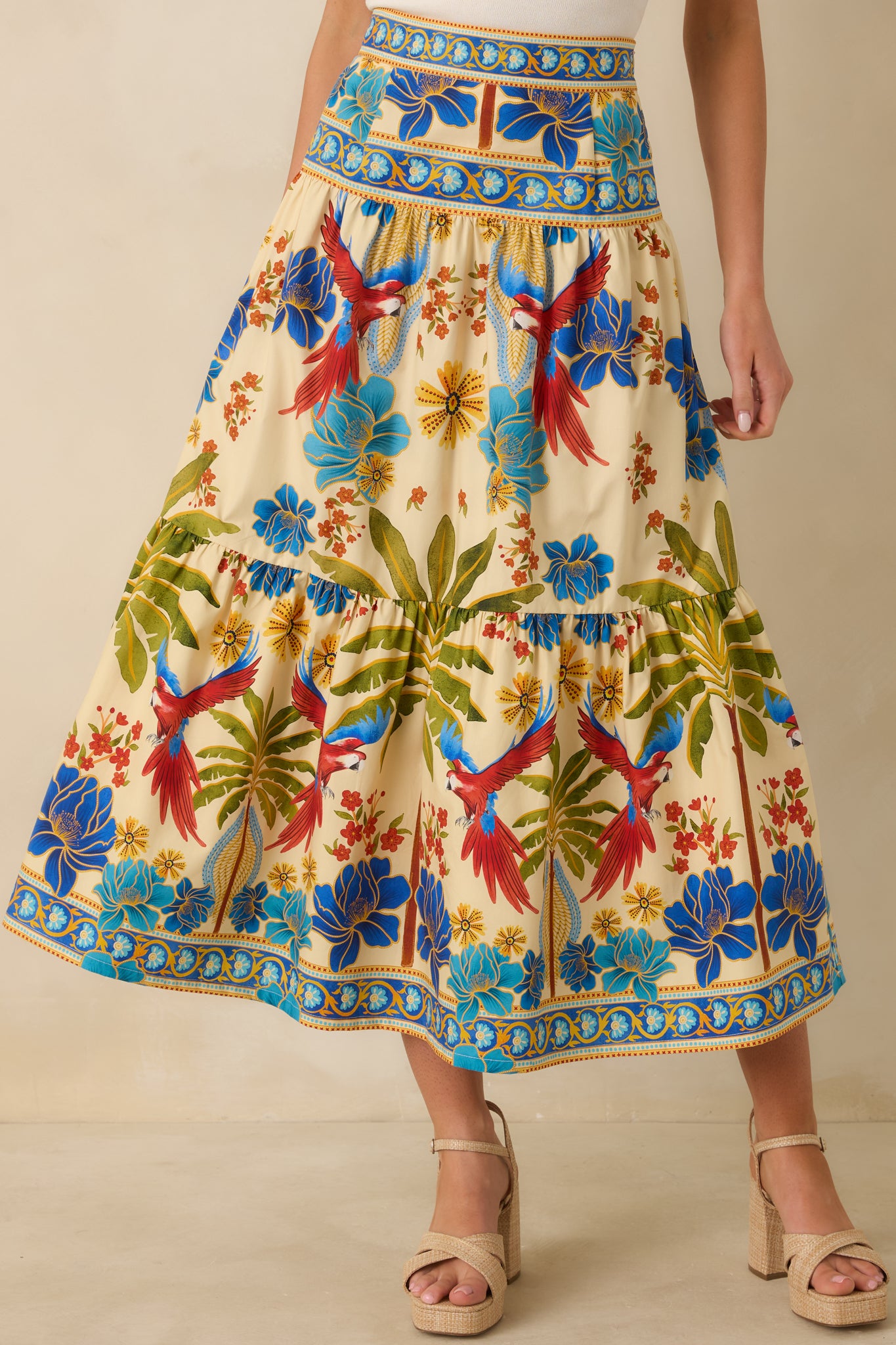 Close crop of lower tiers emphasizing fabric movement and colorful pattern.