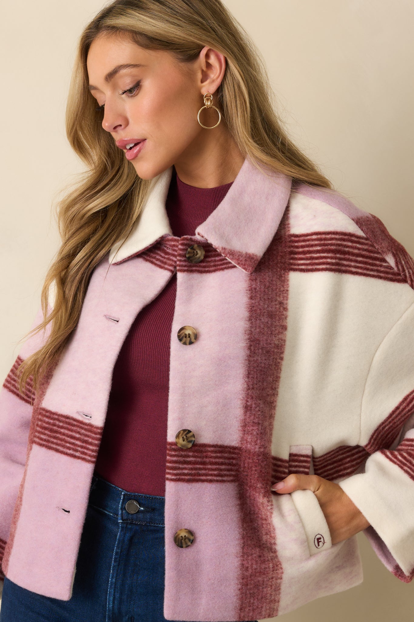 Focus on the brushed wool-blend fabric, showing the lilac, burgundy, and cream check pattern in detail.