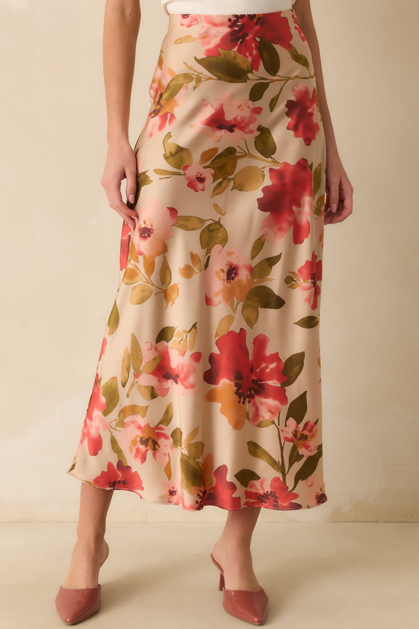 Women's Nothing More to Say Tan Multi Floral Print Satin Maxi Skirt | Size: S
