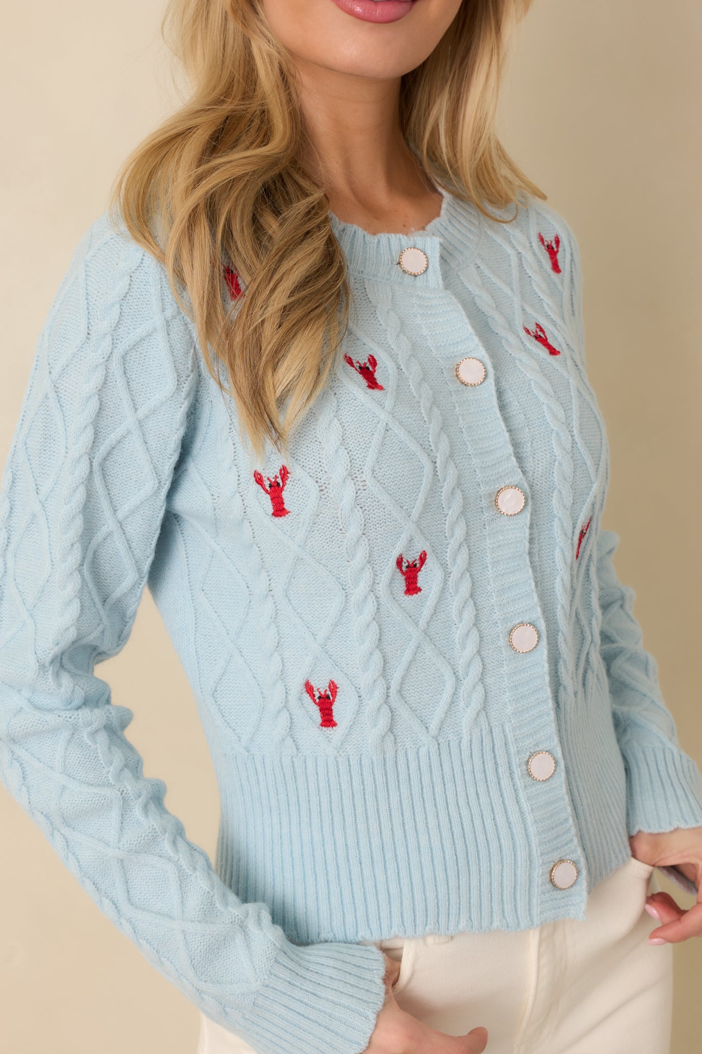Focused close-up of embroidered lobster and pearlescent gold-trimmed button on light blue knit.