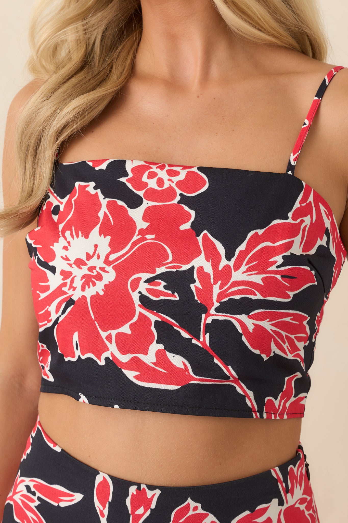 Close-up view of the floral print, square neckline, adjustable straps, and fabric texture.