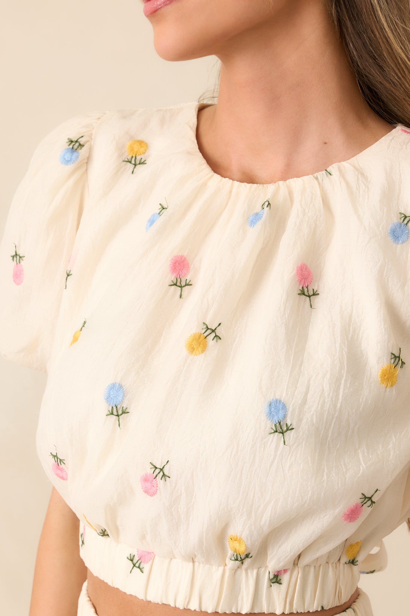 Close-up of the floral embroidery showcasing the intricate multicolor stitching and fabric texture near the neckline.