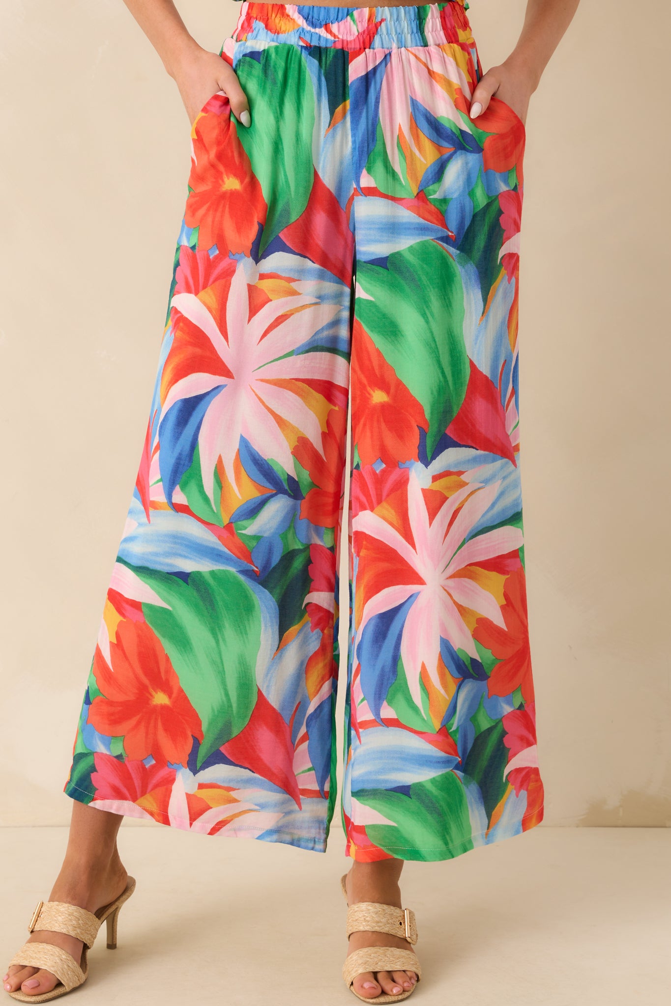 Close-up of the pocket opening and surrounding floral print, showing stitching detail and fabric texture.