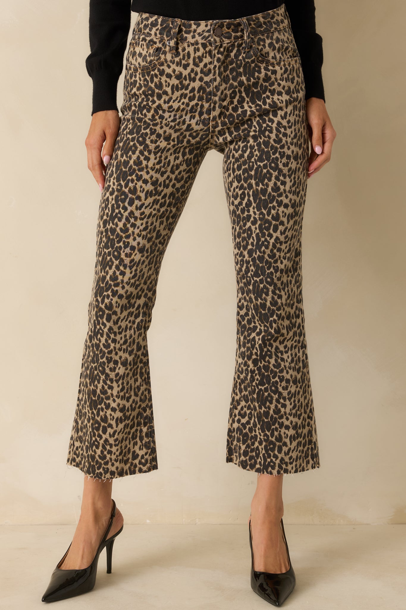 Close-up of the waistband, button-zip closure, and front pockets on the leopard print pants.