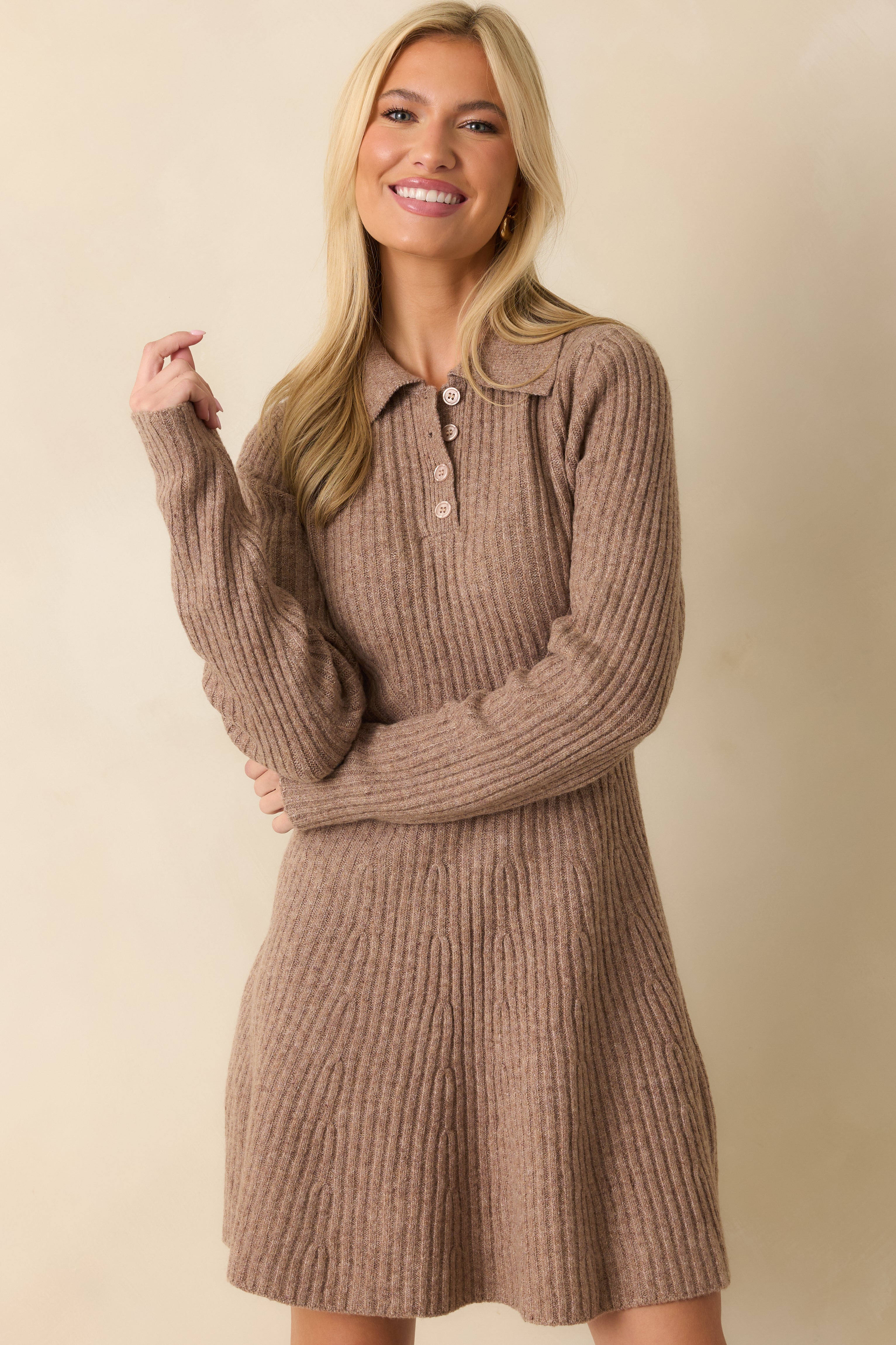 Close view of collar and button detailing on the front of the sweater dress.