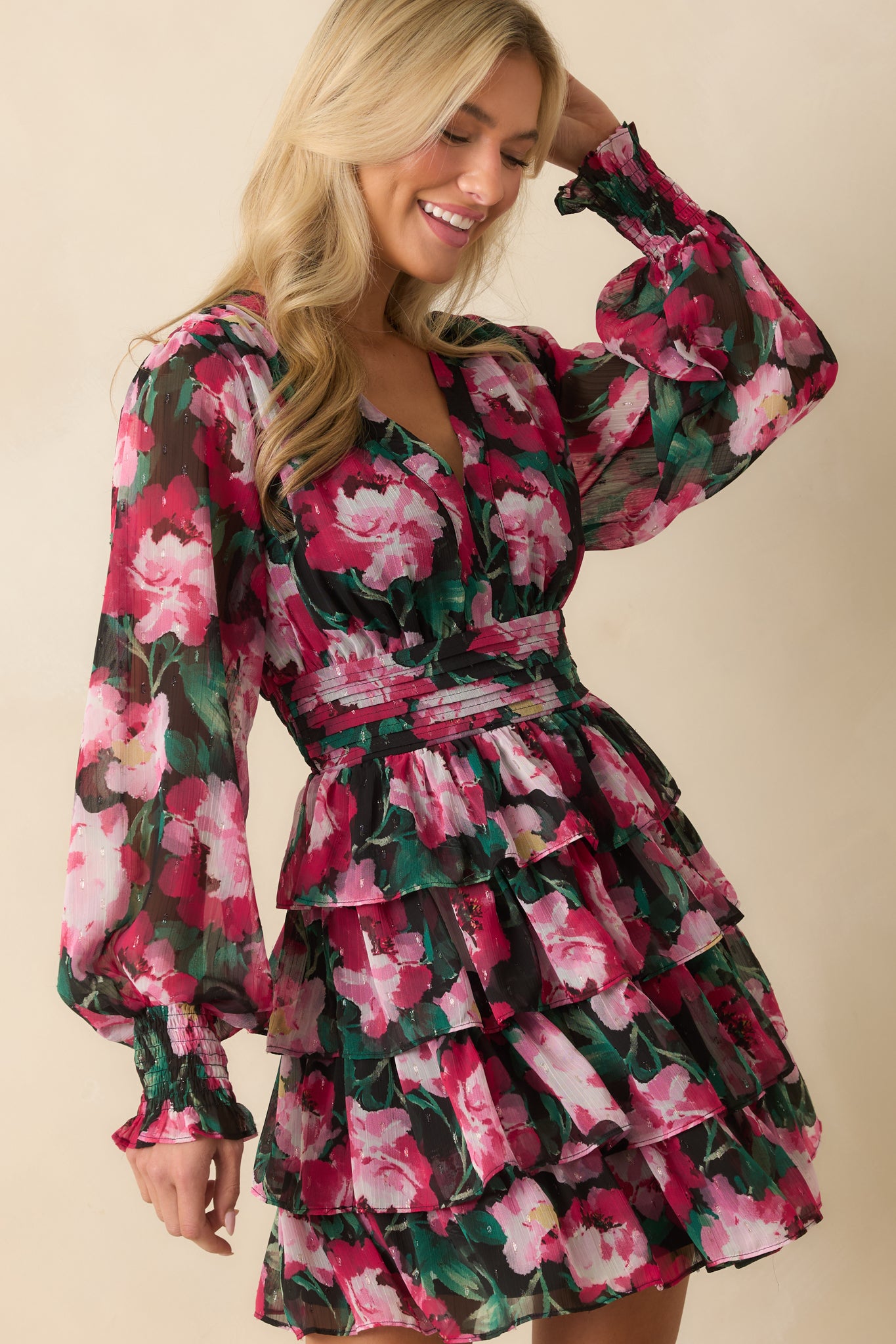 Pink Floral Print Chiffon Tiered Mini Dress | Red Dress - All Dresses Pink Floral Print Chiffon Tiered Mini Dress | Red Dress - All Dresses