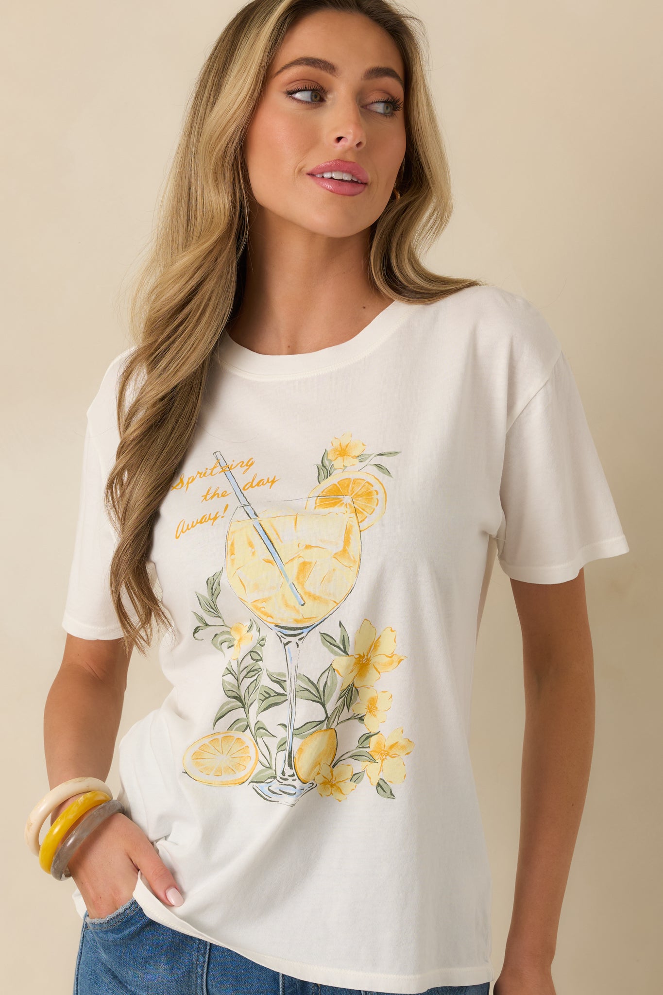 Closer view showing the front graphic placement and easy, lived-in fit through the body.