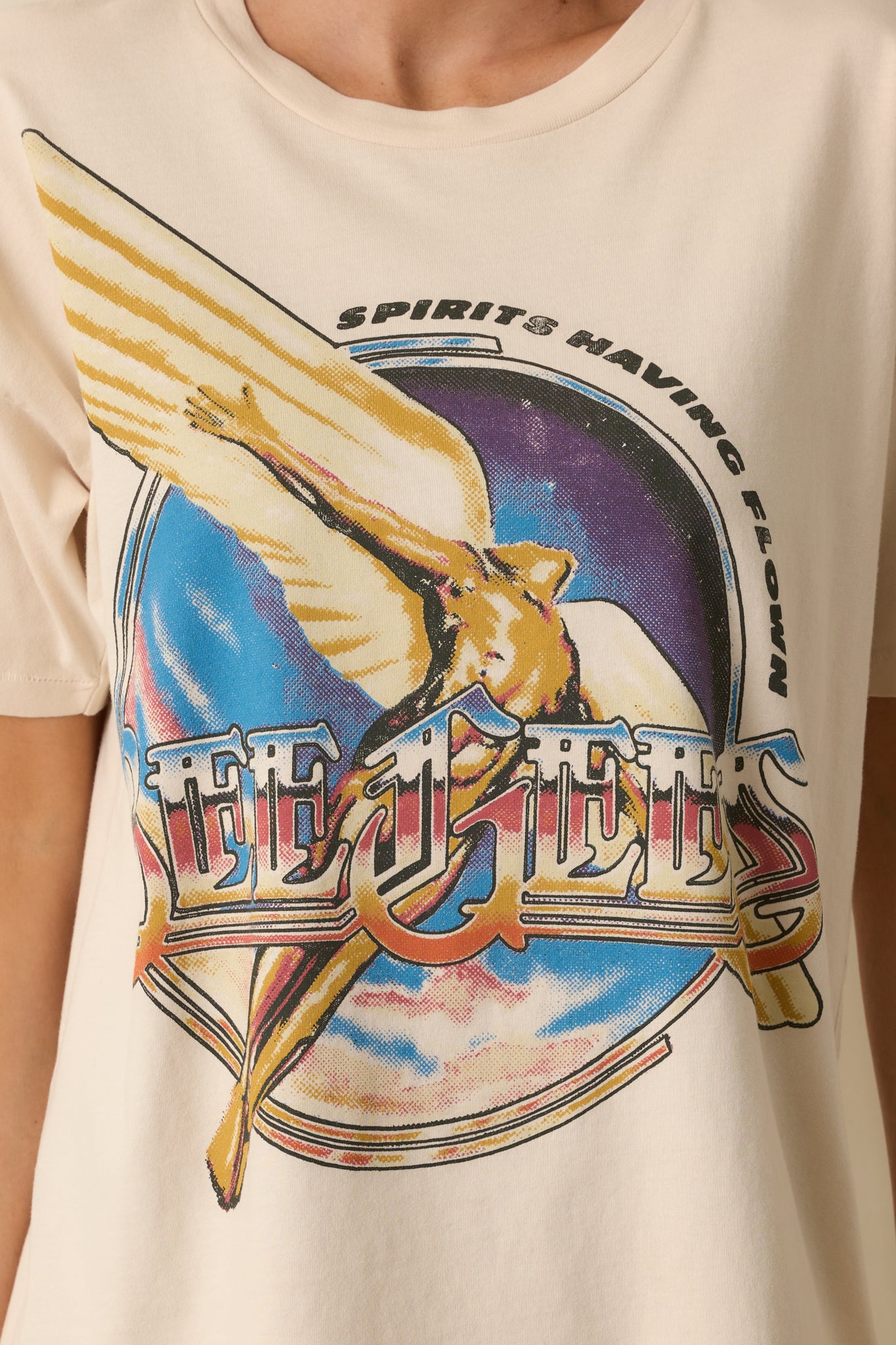 Close-up detail shot of the Bee Gees graphic print showing the vintage-inspired lettering and design.