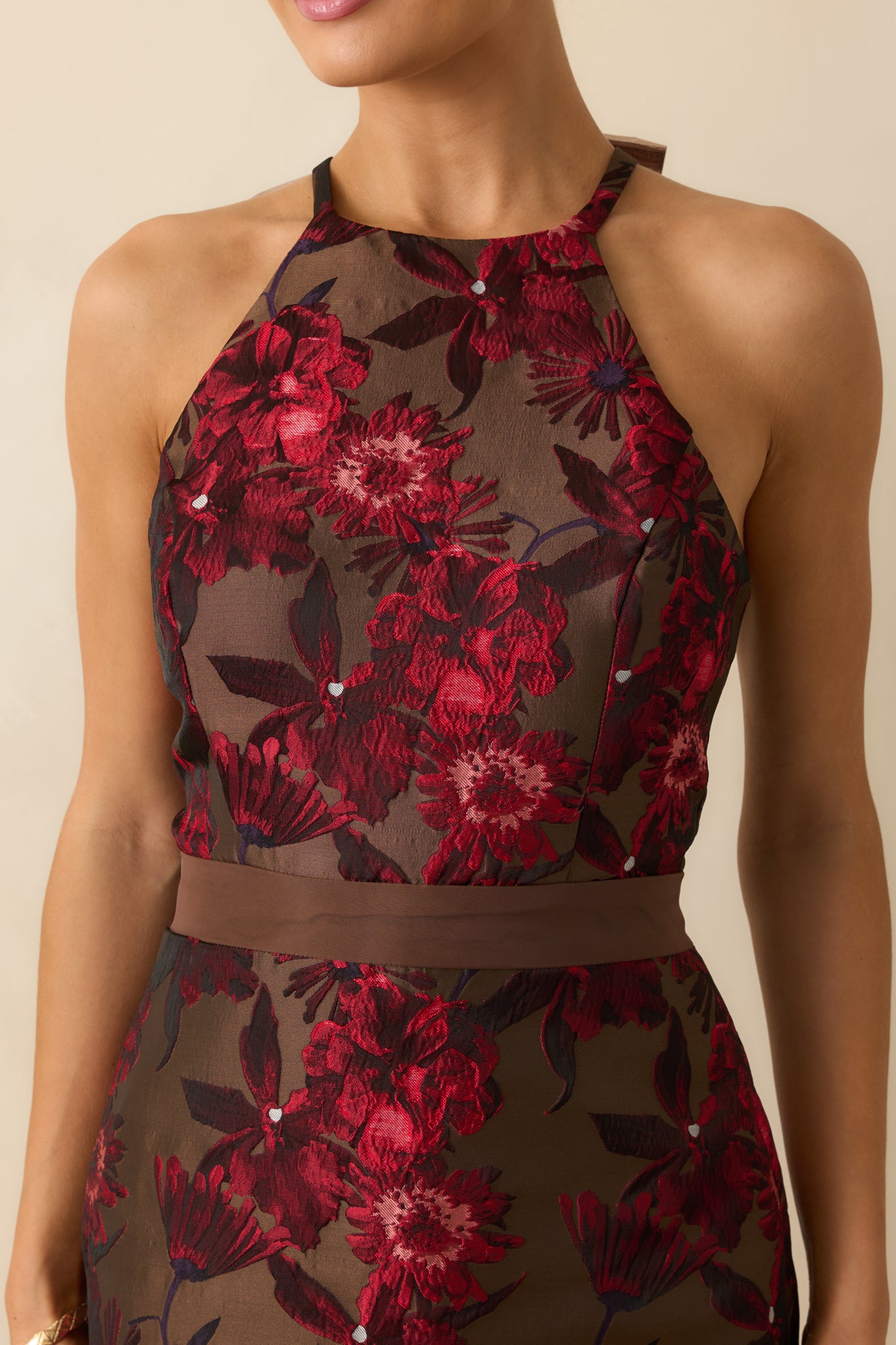 Close-up of the mocha brown floral jacquard fabric showing intricate woven texture and subtle shimmer.