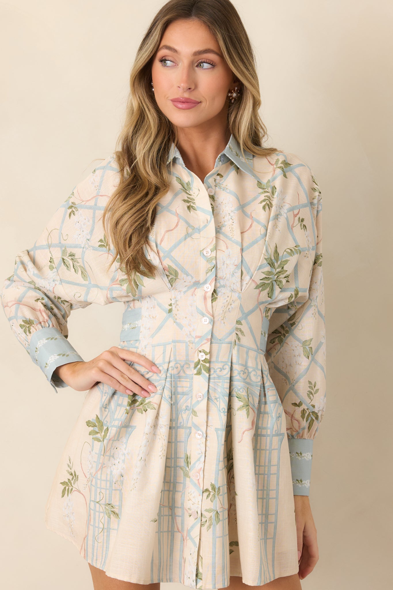 Tailored mini dress featuring a crisp collared neckline, neatly arranged front buttons, and long sleeves finished with button cuffs.