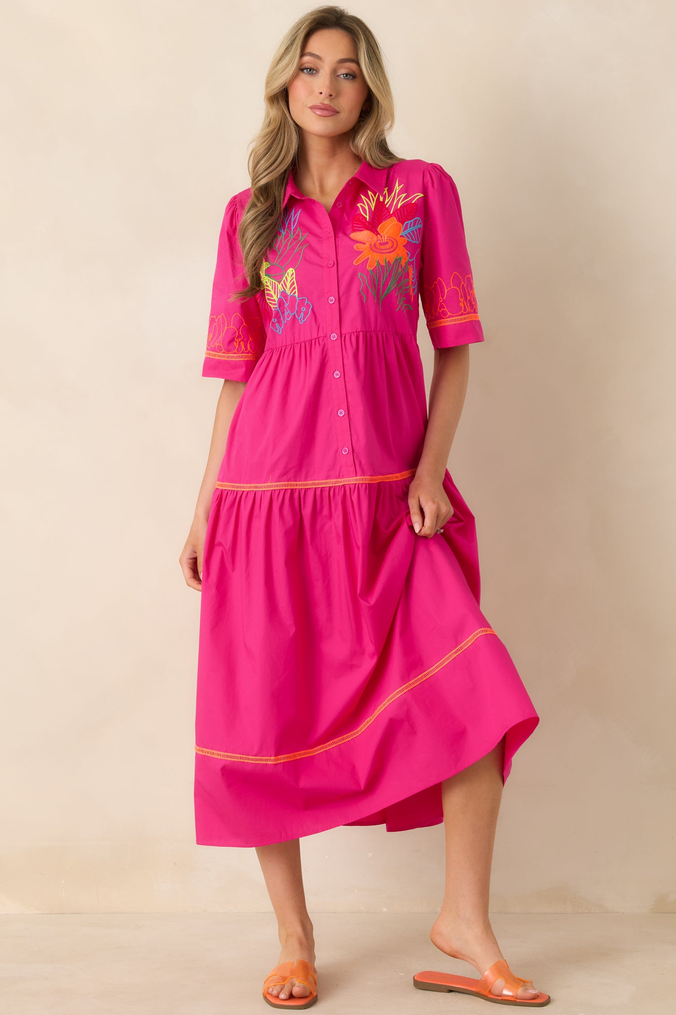 Island Glow Fuchsia Tropical Cotton Embroidered Tiered Midi Dress Island Glow Fuchsia Tropical Cotton Embroidered Tiered Midi Dress