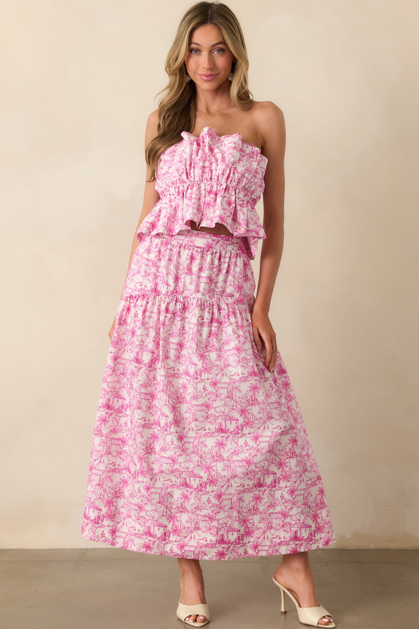 Cotton crop top with tropical print, strapless cut, and gathered waist shown in a full length front view.