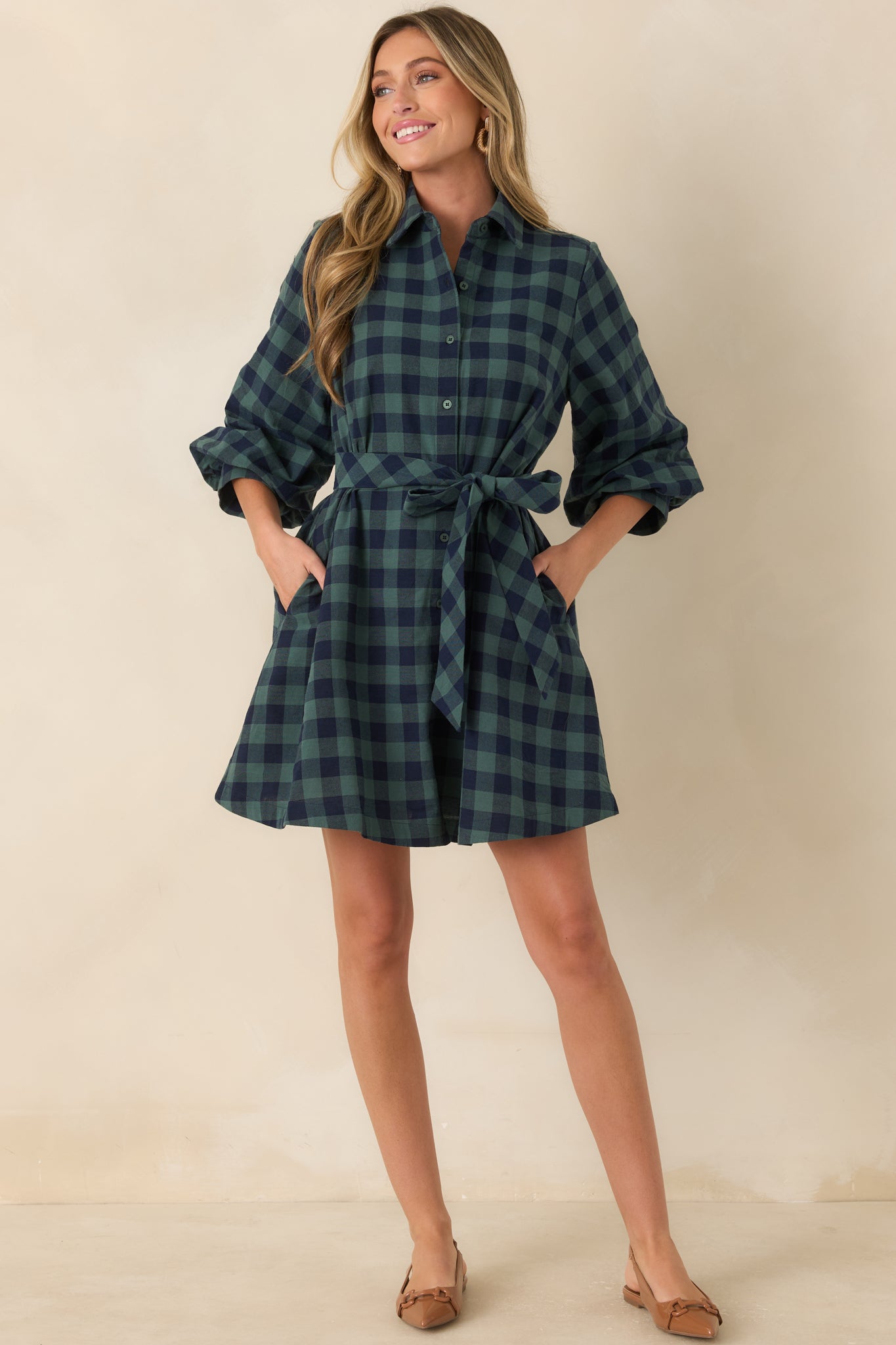 Worth Considering Navy & Jade Cotton Plaid Mini Shirt Dress