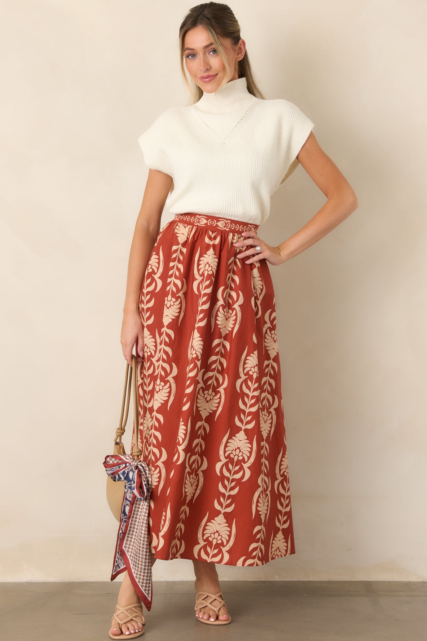 100% cotton skirt featuring a smooth front waistband and easy A-line silhouette with a graceful, flowing shape.