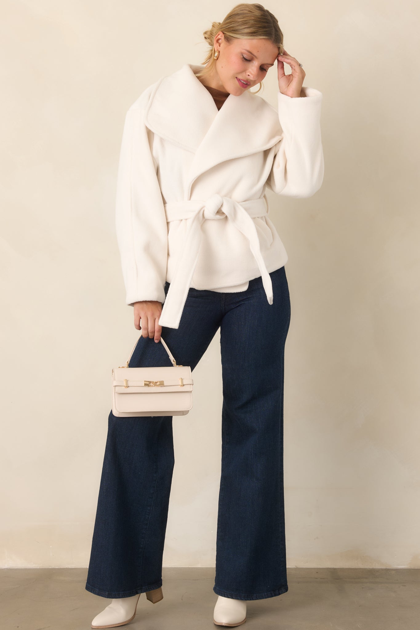 Nicole Ivory Plush Tie Belt Wrap Jacket | Elevator Disco