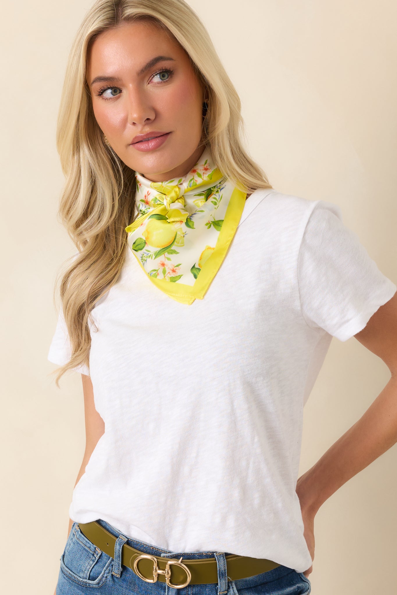 Detailed view of the classic crew neckline and textured cotton slub knit fabric.