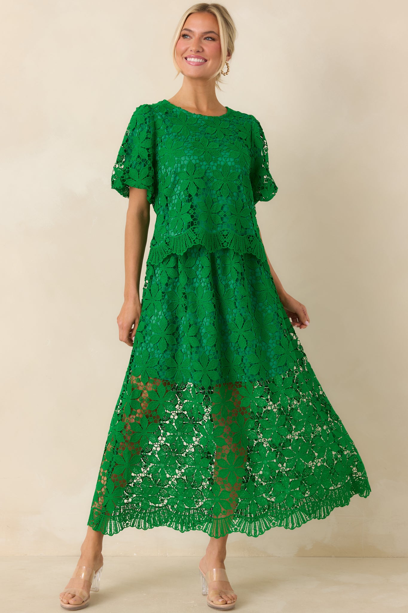 Red Dress | Green Floral Lace Short Sleeve Top