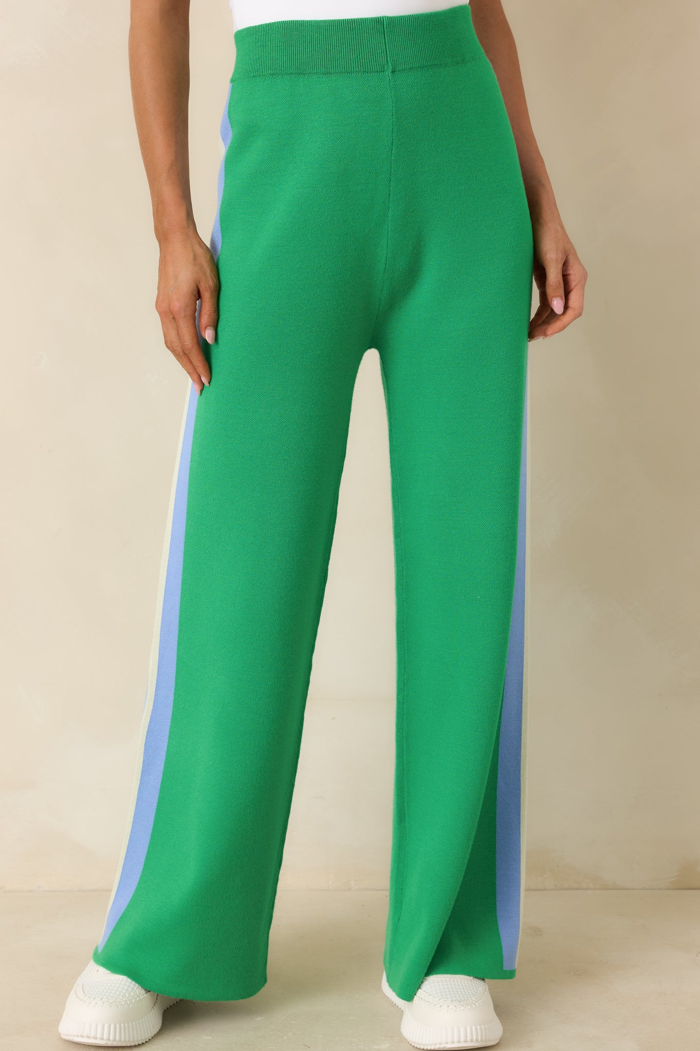 Cropped detail showing wide-leg silhouette and multi-colored stripe accent.