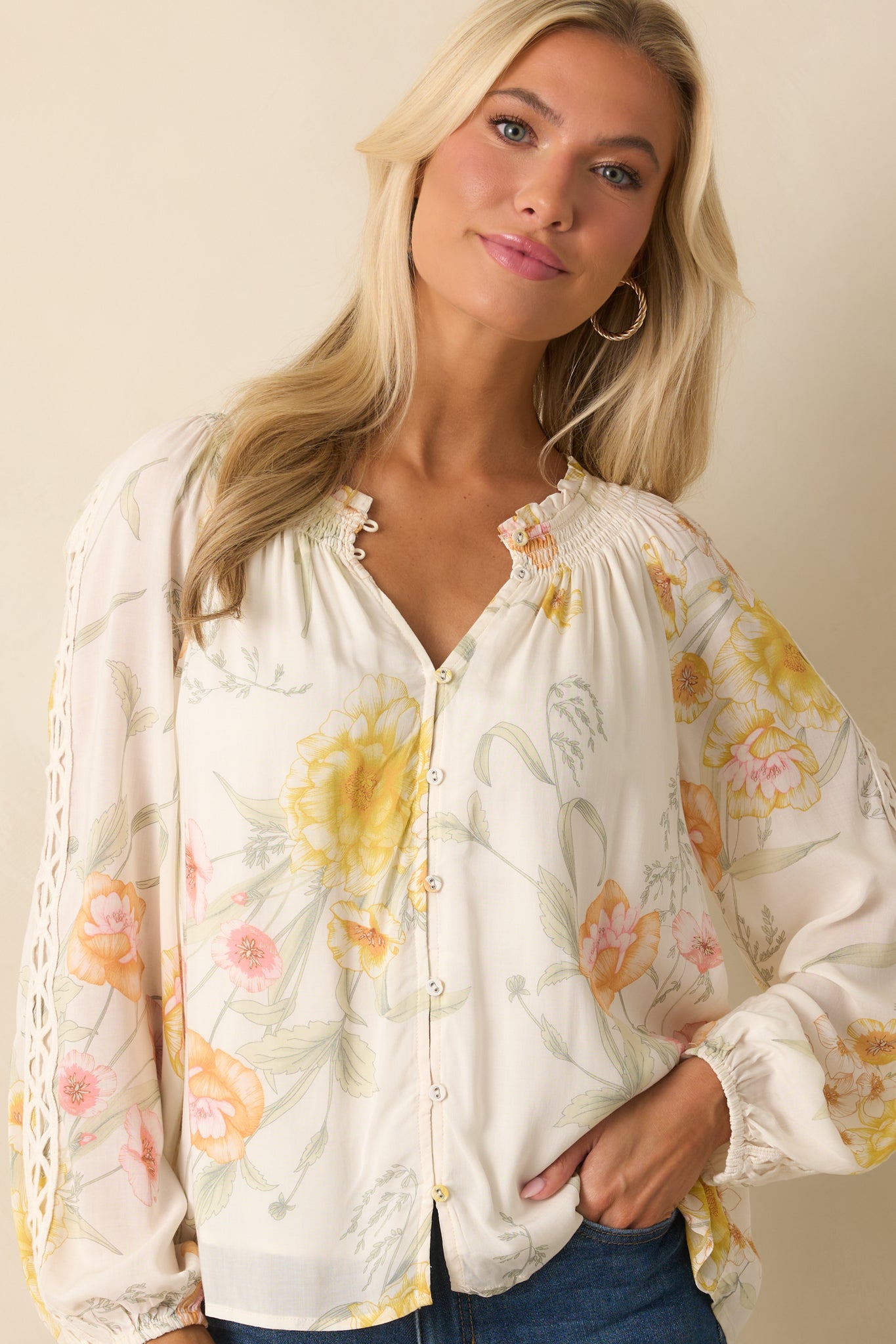 A cropped front angle emphasizing the texture of the lining and delicate embroidery.