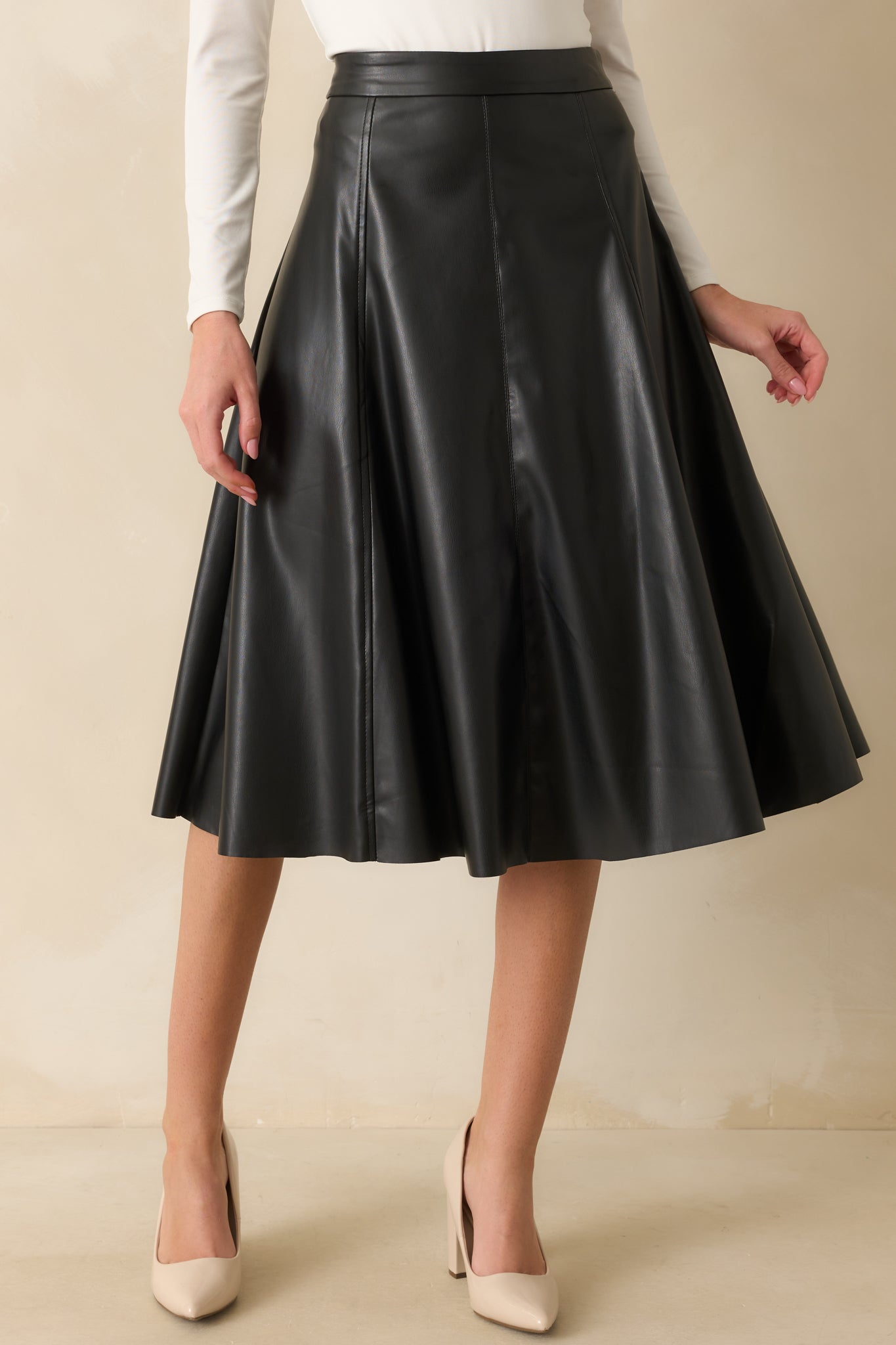 A cropped front view highlighting the faux leather texture and subtle seam detailing.