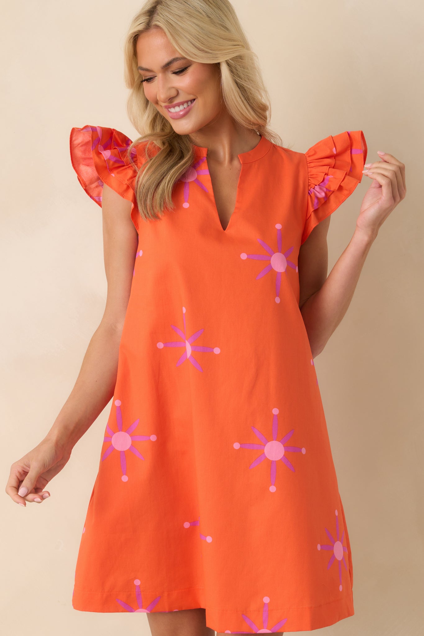 Orange Floral Cotton Flutter Sleeve Dress - Mini Dresses | Red Dress Orange Floral Cotton Flutter Sleeve Dress - Mini Dresses | Red Dress
