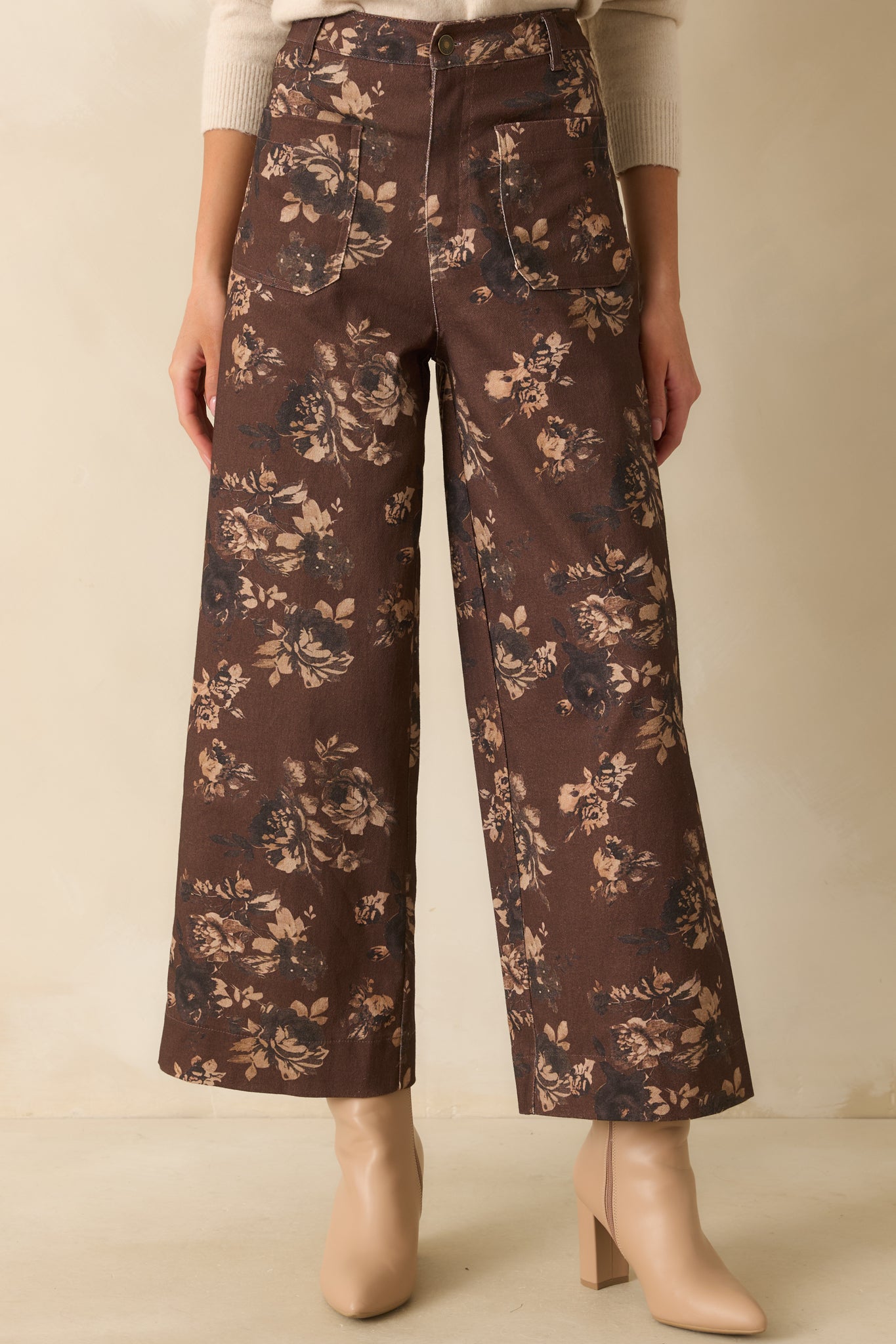 A cropped lower-leg view emphasizing the wide leg silhouette and floral pattern.