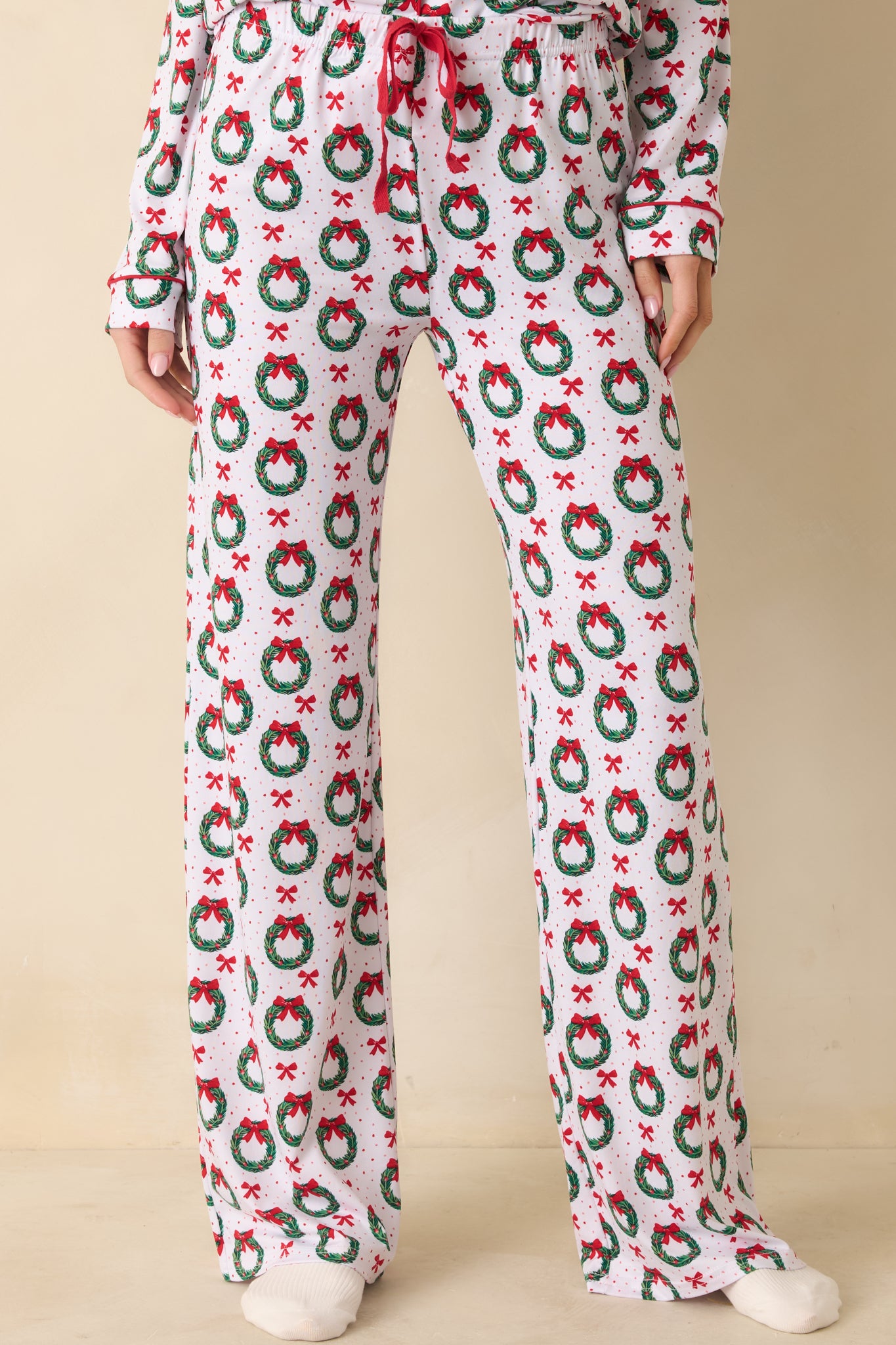 Women's The Merriest Thing White Multi Wreath Pajama Pants | Size: S | Red Dress Women's The Merriest Thing White Multi Wreath Pajama Pants | Size: S | Red Dress