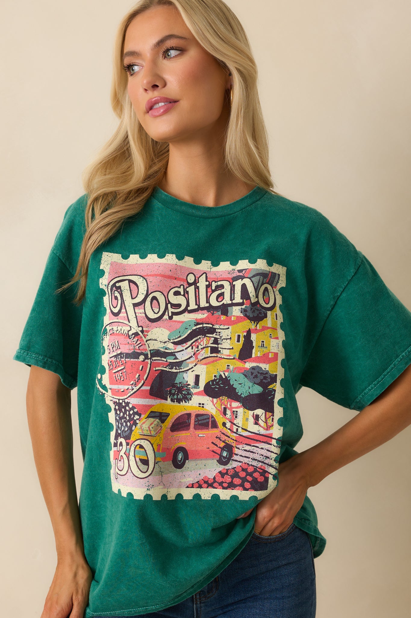 A cropped shot of the neckline and shoulders showing the crew neckline and short sleeves.