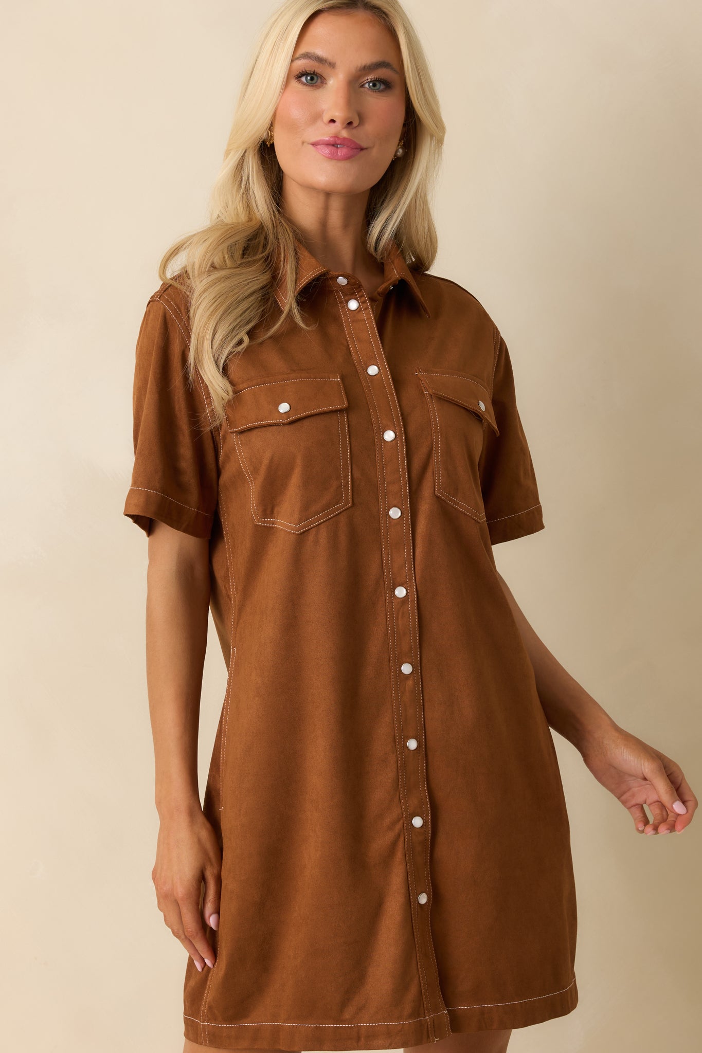Women's Many Possibilities Cinnamon Brown Button Up Mini Dress | Size: S