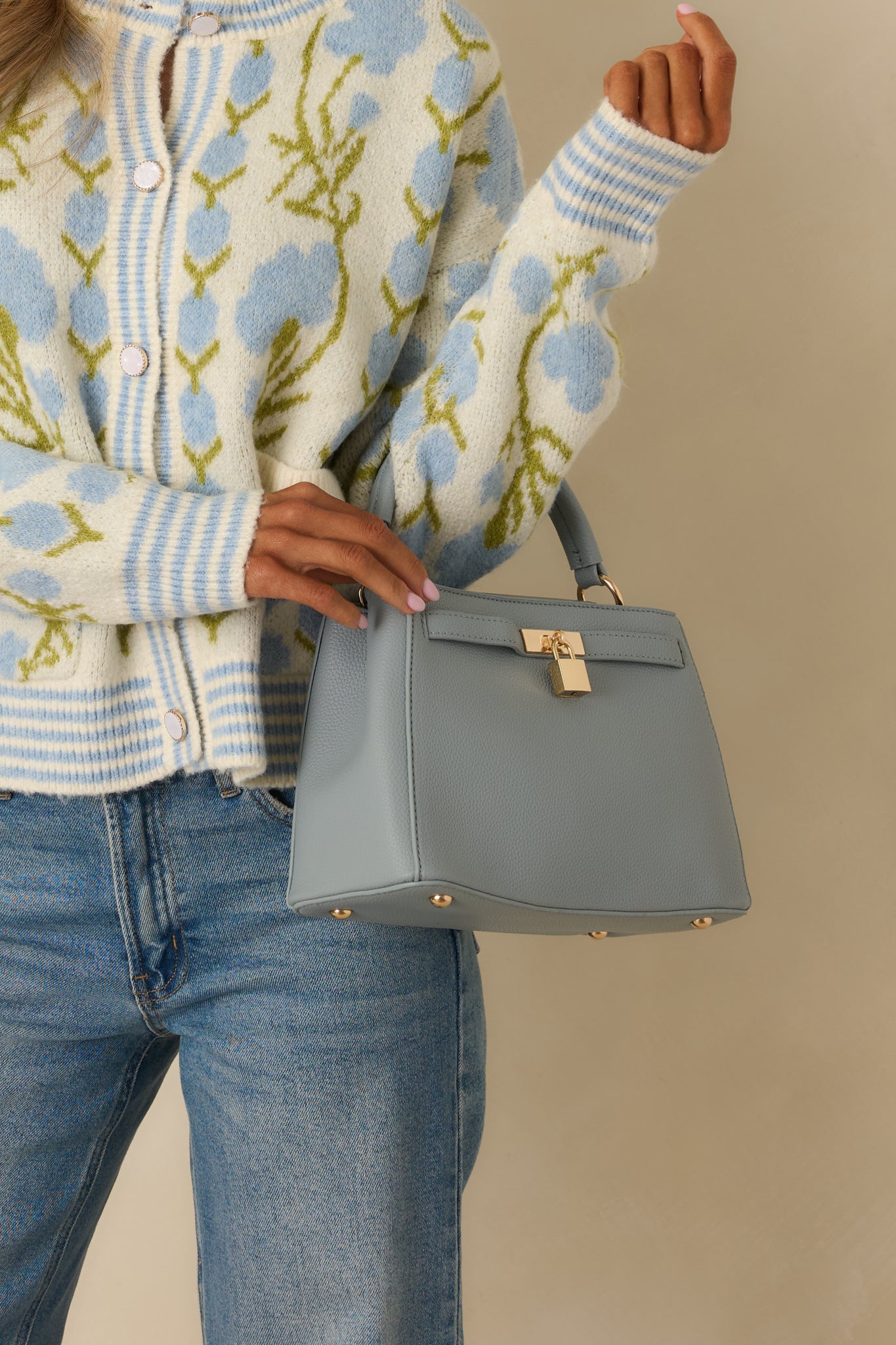 Dusty Blue Faux Leather Lock Detail Handbag - All Accessories