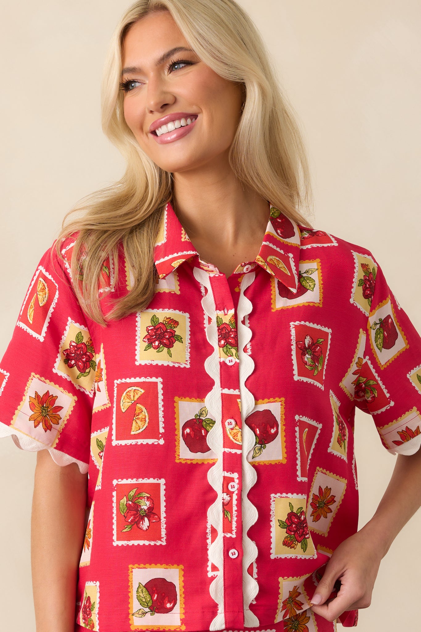 Red Patchwork Print Linen Blend Top - Button Up Shirts