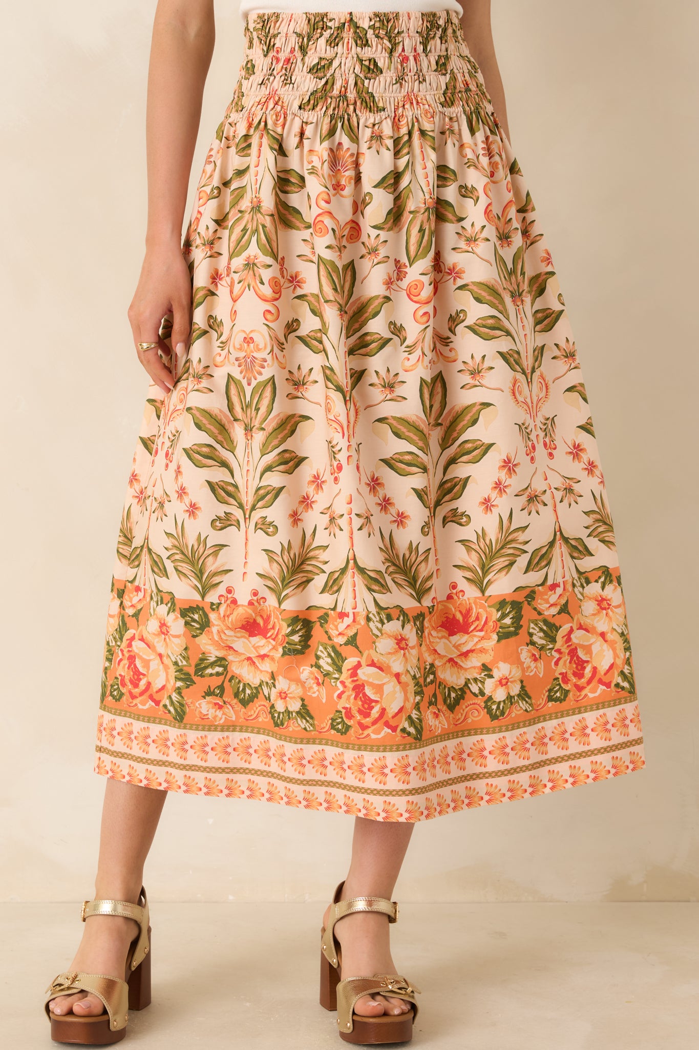 Cropped view of cotton skirt showing lightweight fabric and flowing silhouette.