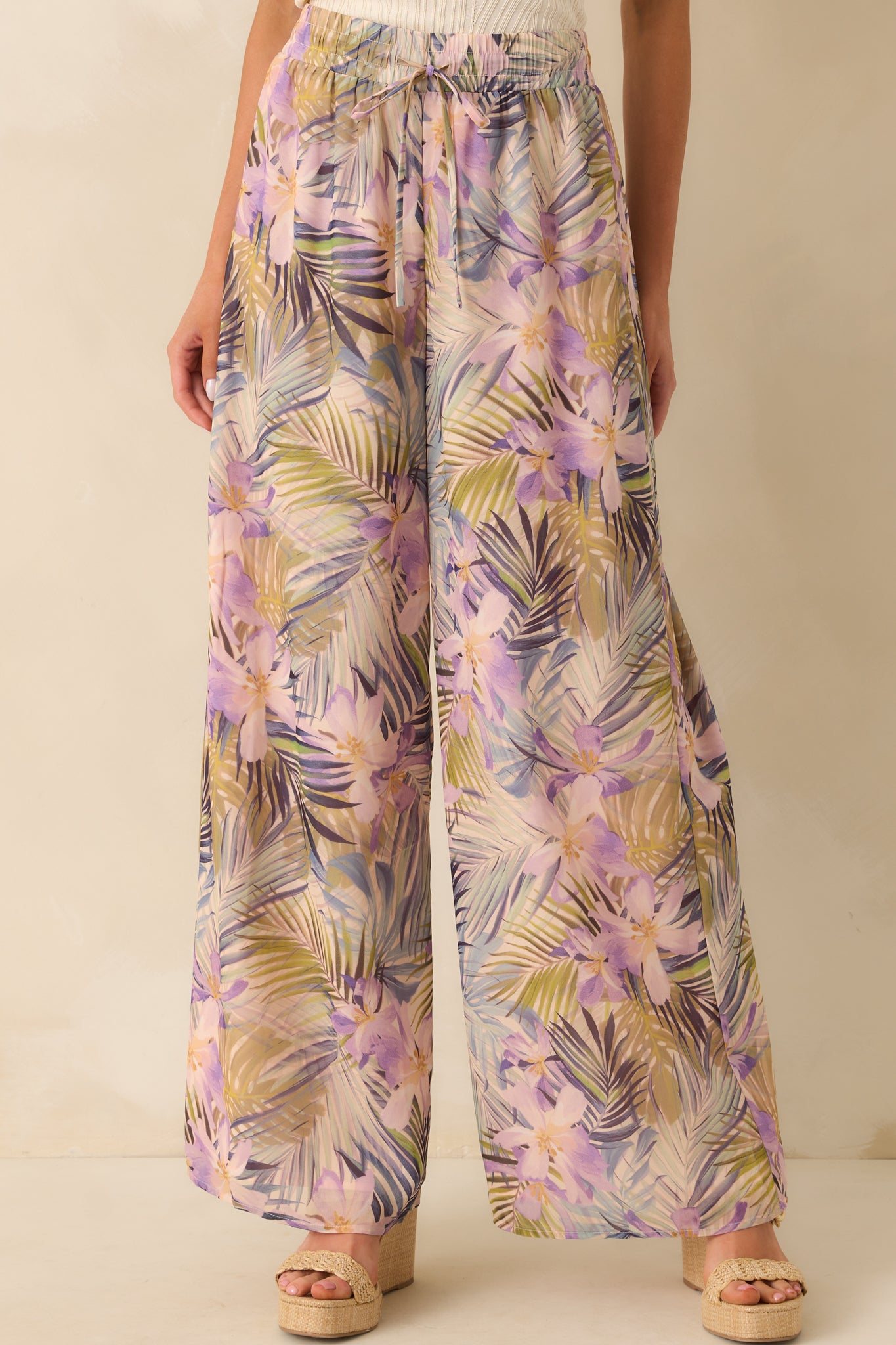 Light Pink Tropical Print Wide Leg Pants - All Bottoms