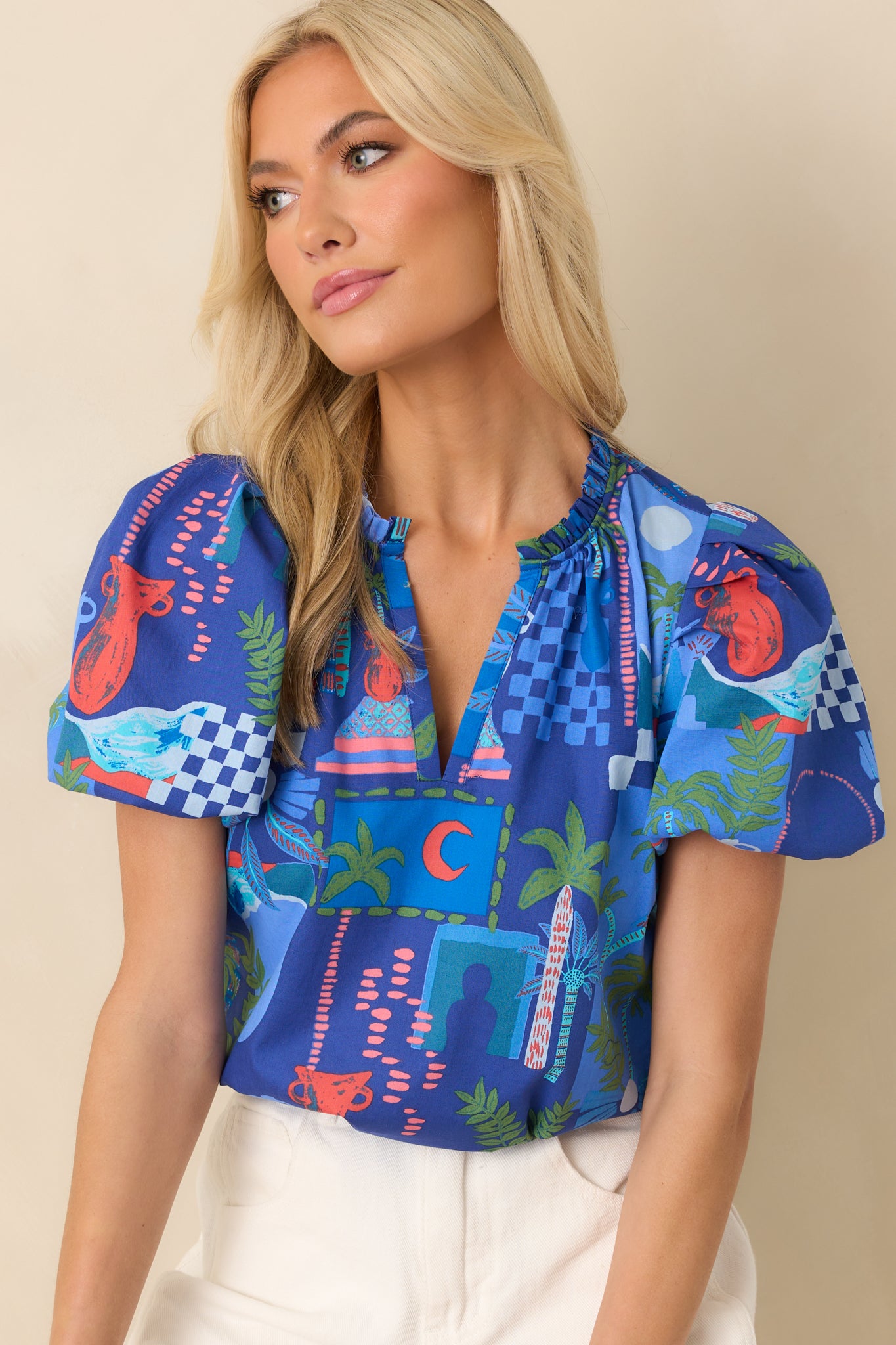 Cobalt Blue Tropical Print Cotton Top - Casual Tops