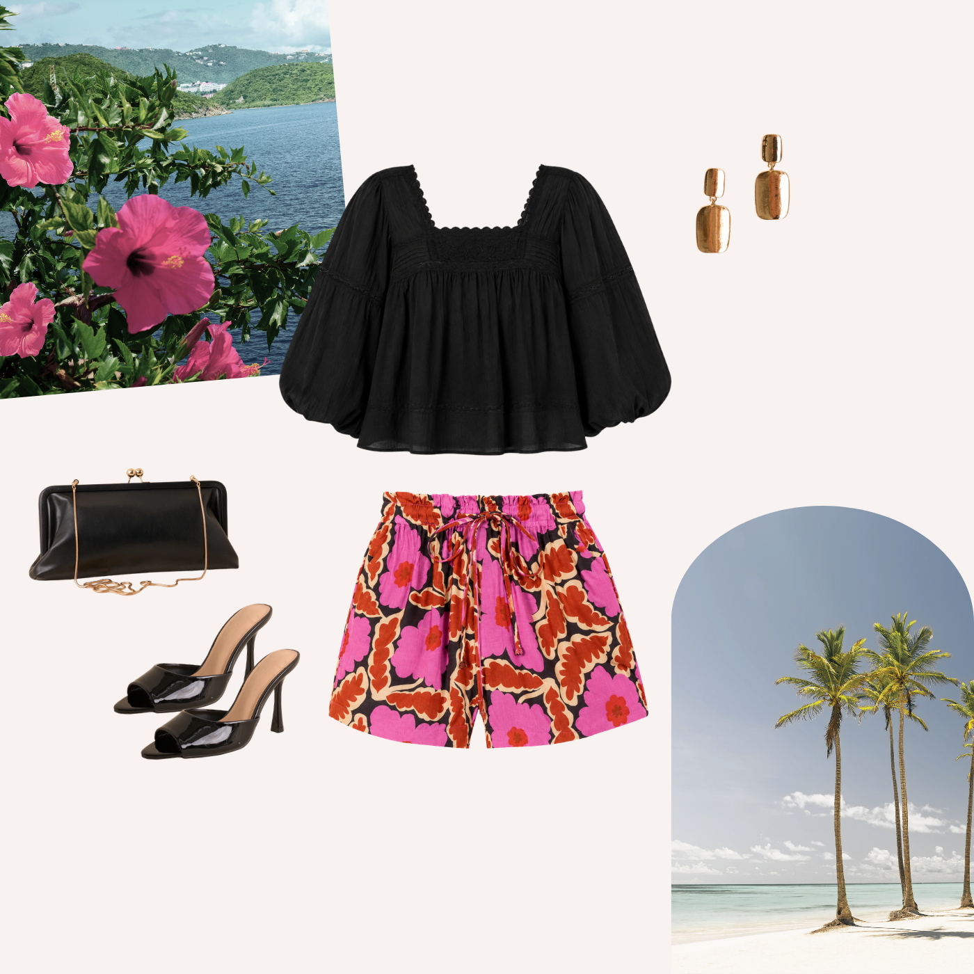 Cutout of a black blouse and pink printed paper bag shorts with scenic beach scenes and accessories surrounding the outfit.