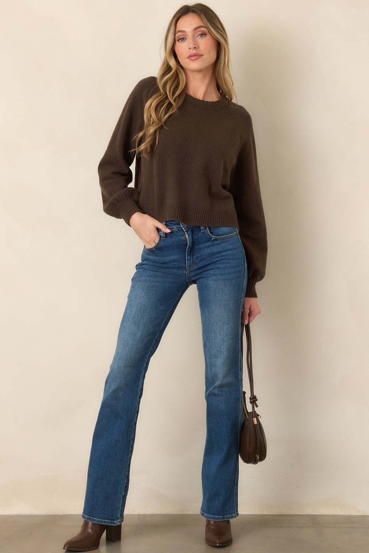 Dark chocolate brown knit top featuring a slightly cropped silhouette, classic crew neckline, raglan-style long sleeves, and ribbed trim.