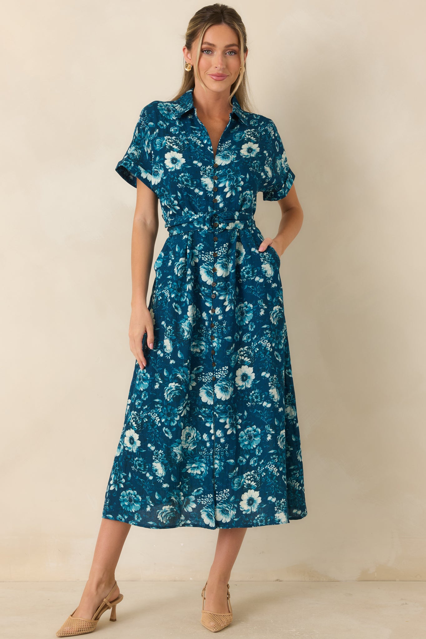 Women's You’ll See Soon Dark Teal Multi Floral Print Belted Midi Shirt Dress | Size: M